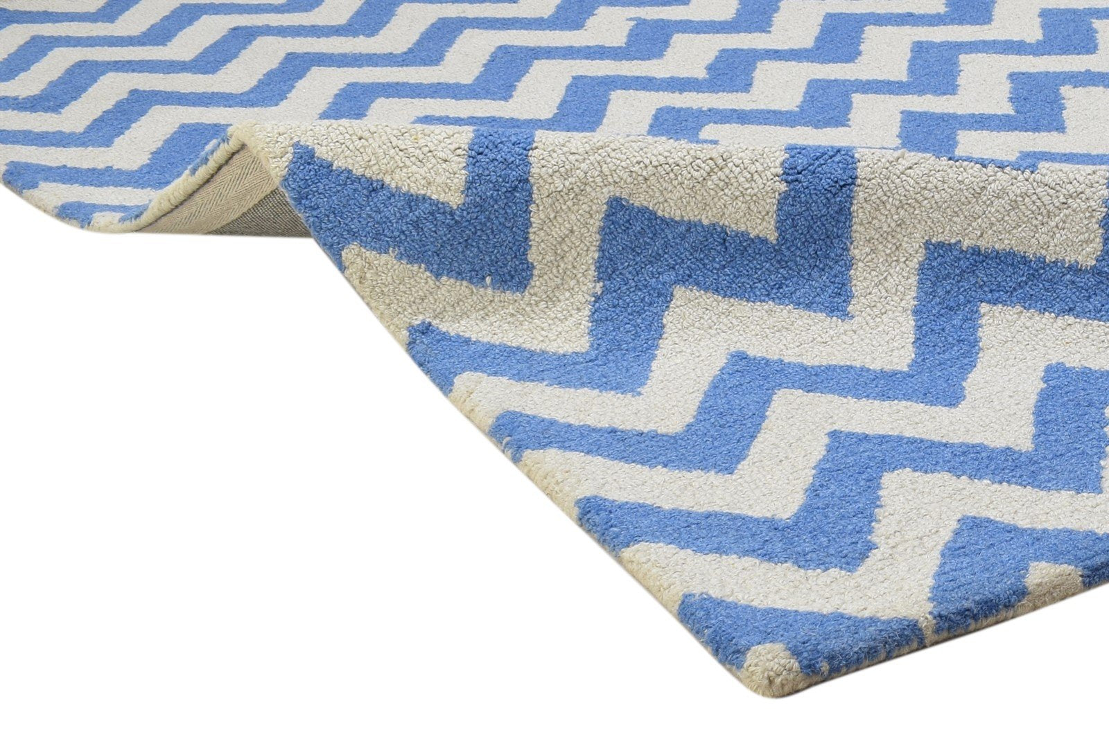 Wool Blue Rug 4' X 6' Modern Hand Tufted Scandinavian Chevron Room Size Carpet 