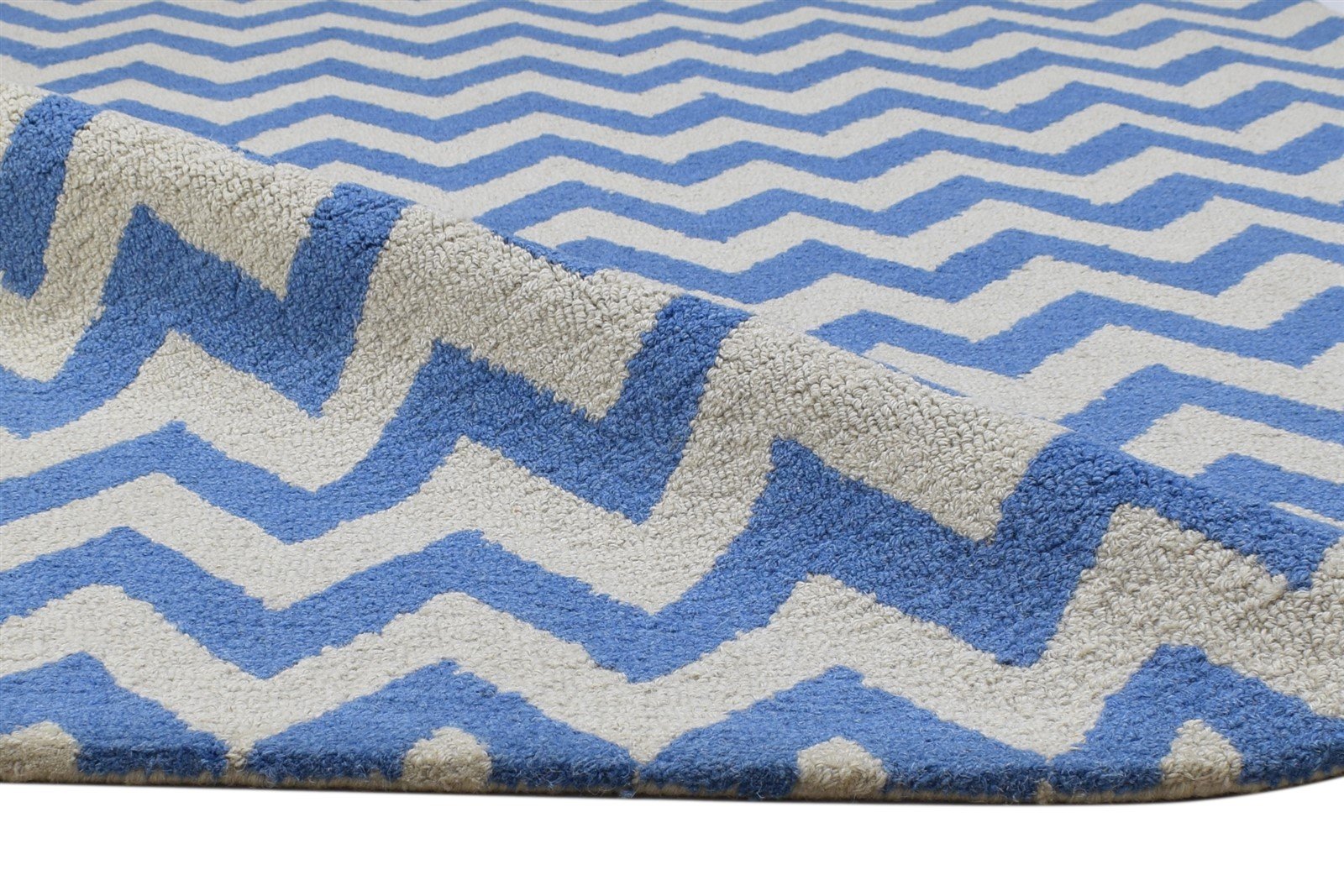 Wool Blue Rug 4' X 6' Modern Hand Tufted Scandinavian Chevron Room Size Carpet 