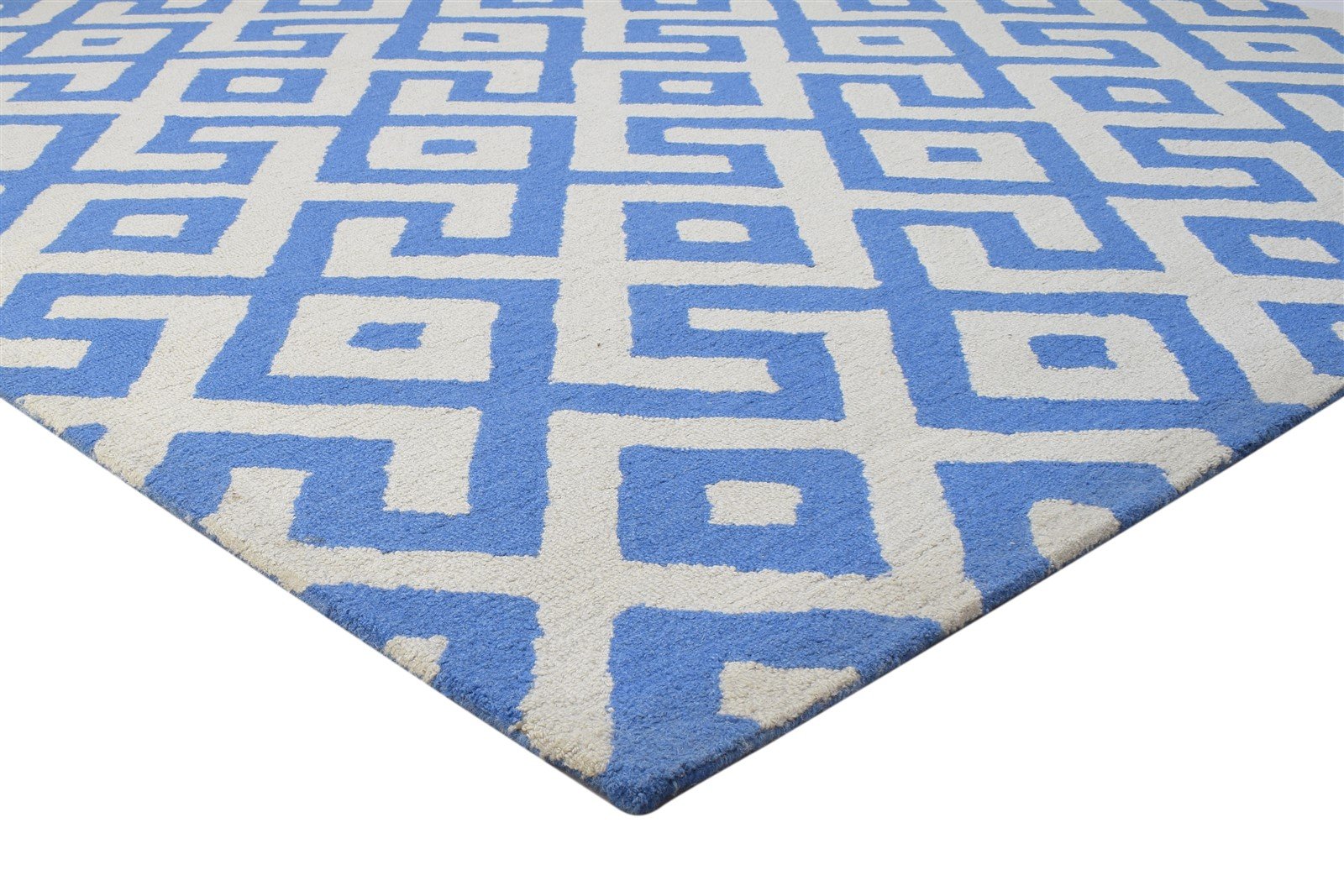 Blue Wool Rug 8' X 10' Modern Hand Tufted Scandinavian Geometric Large Carpet 