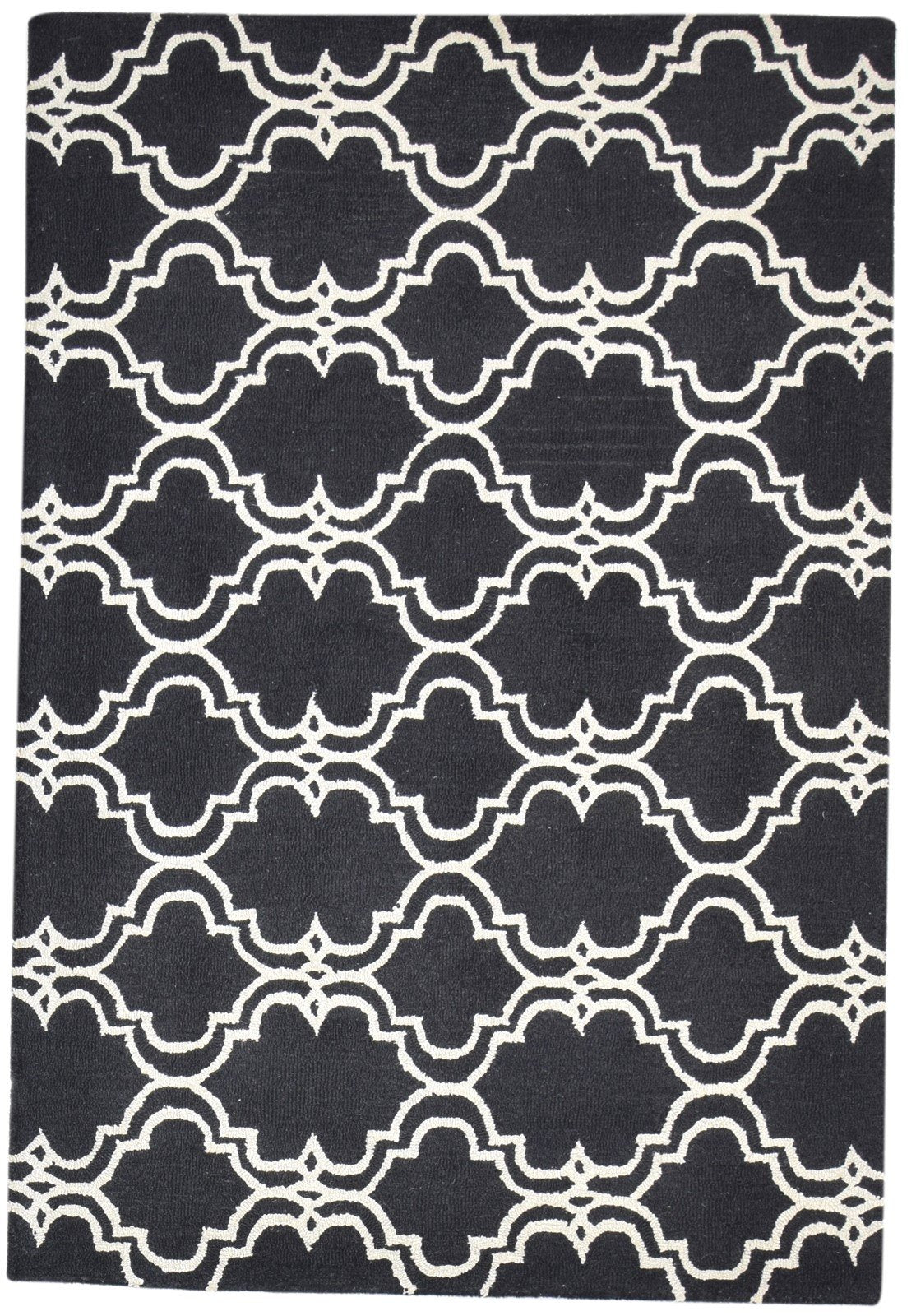 Black Wool Rug 4' X 6' Modern Hand Tufted Moroccan Trellis Room Size Carpet 