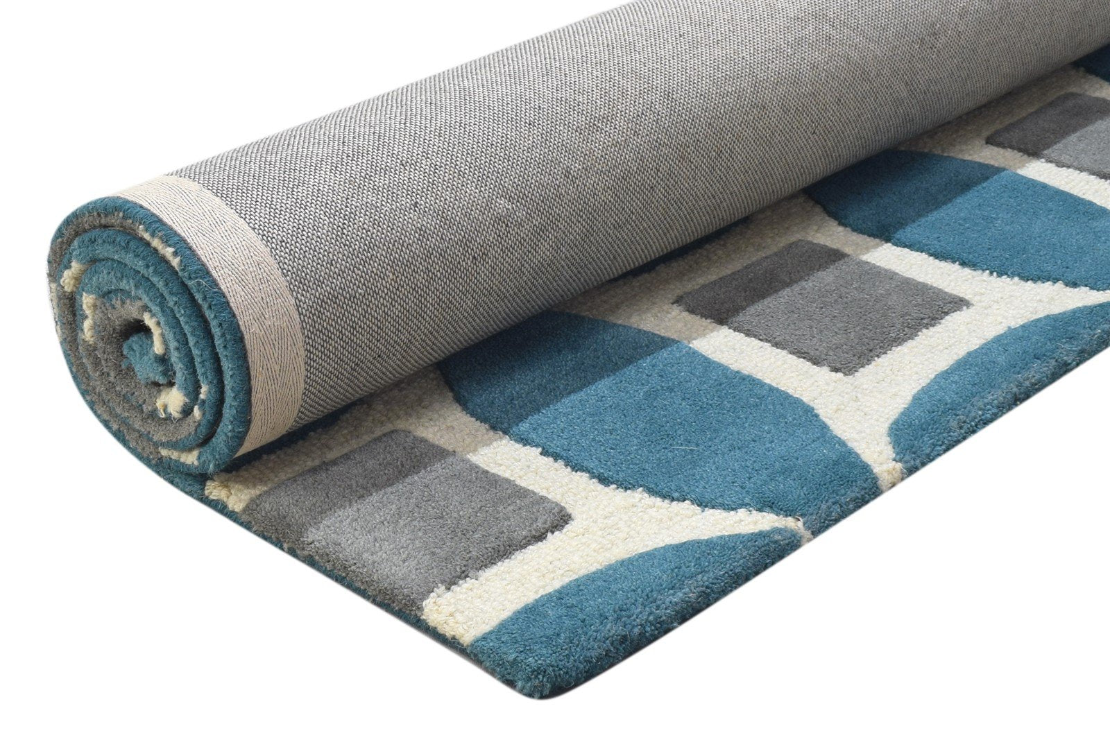 Wool Teal Blue Rug 4X6 Modern Hand Tufted Moroccan Geometric Room Size Carpet 