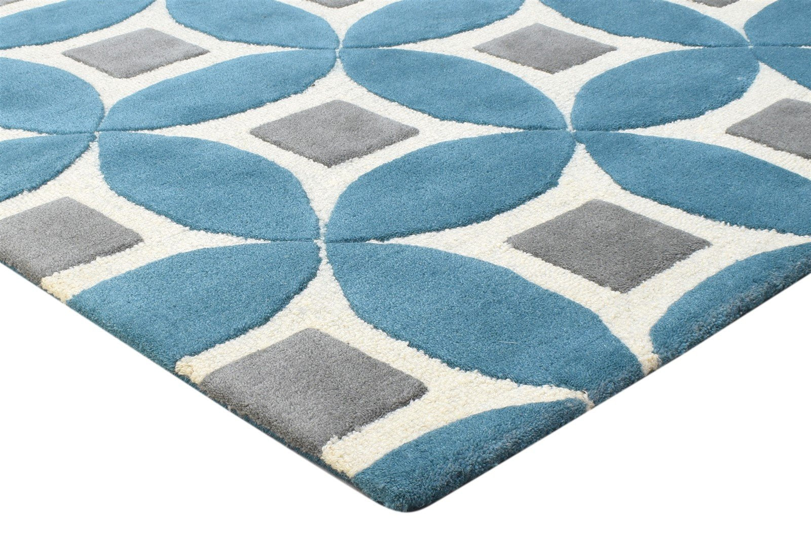 Wool Teal Blue Rug 4X6 Modern Hand Tufted Moroccan Geometric Room Size Carpet 