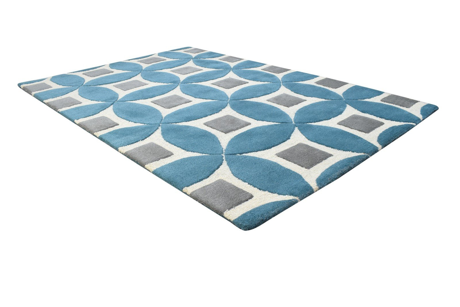 Wool Teal Blue Rug 4X6 Modern Hand Tufted Moroccan Geometric Room Size Carpet 