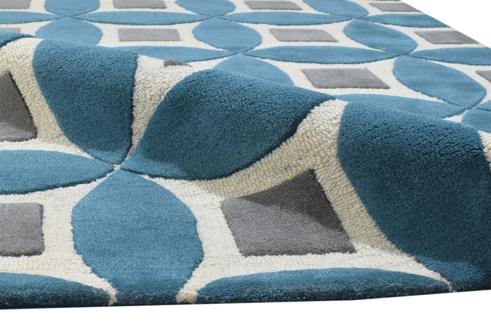 Wool Teal Blue Rug 4X6 Modern Hand Tufted Moroccan Geometric Room Size Carpet 