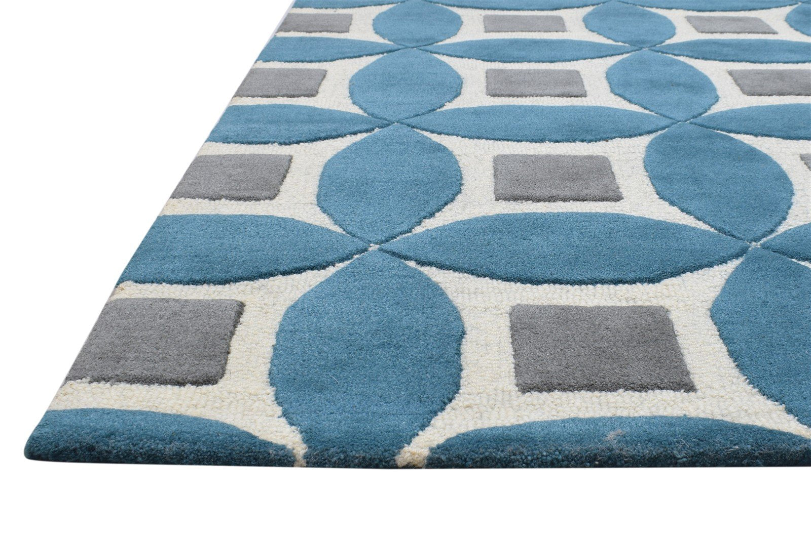 Wool Teal Blue Rug 4X6 Modern Hand Tufted Moroccan Geometric Room Size Carpet 