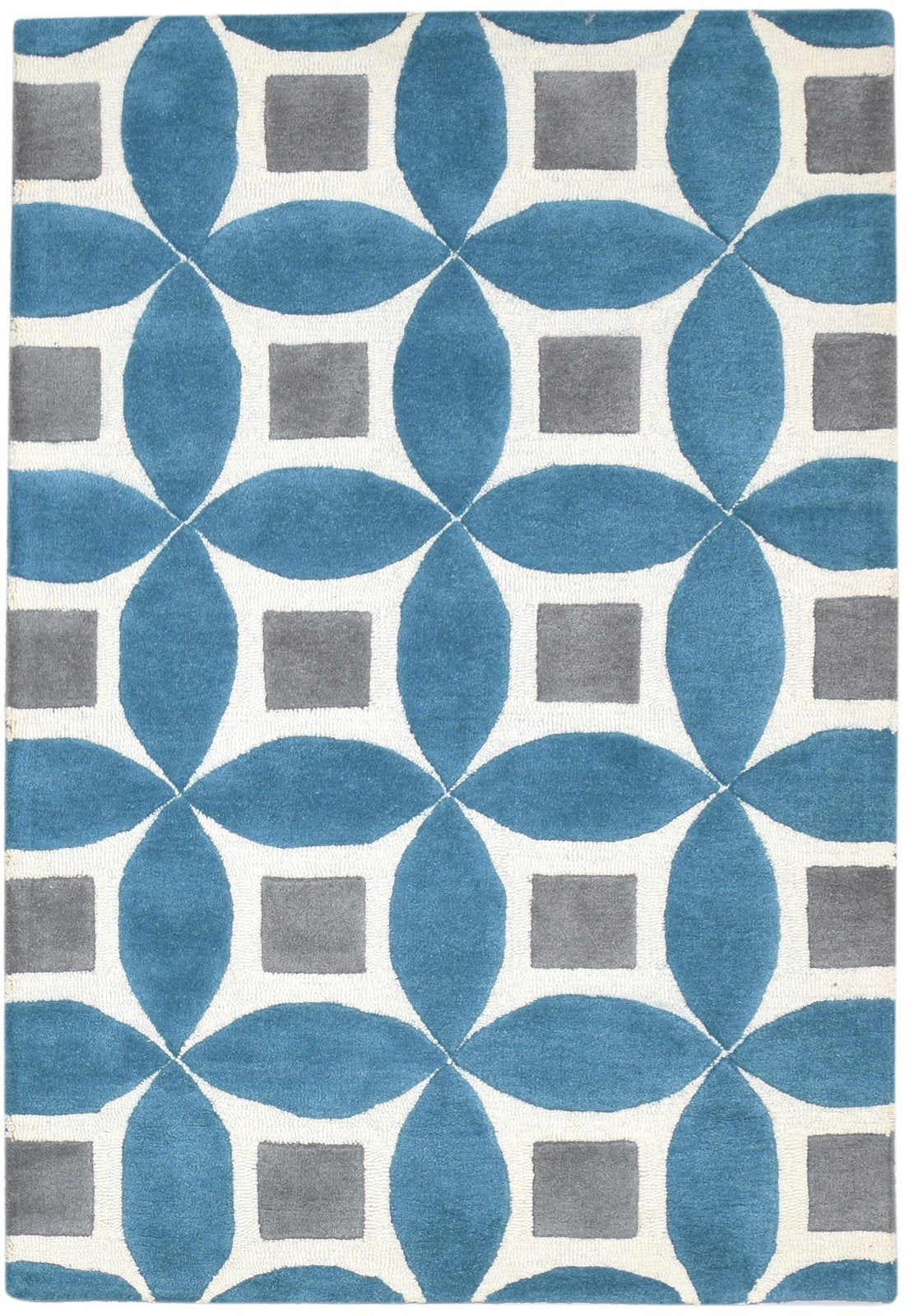 Wool Teal Blue Rug 4X6 Modern Hand Tufted Moroccan Geometric Room Size Carpet 