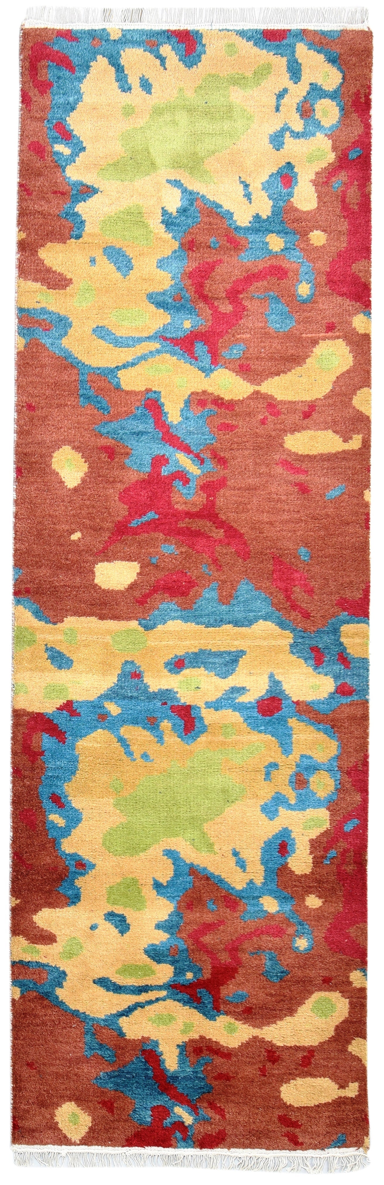 3' X 9' Rug Wool Red Modern Hand Knotted Bohemian Abstract Small Runner 