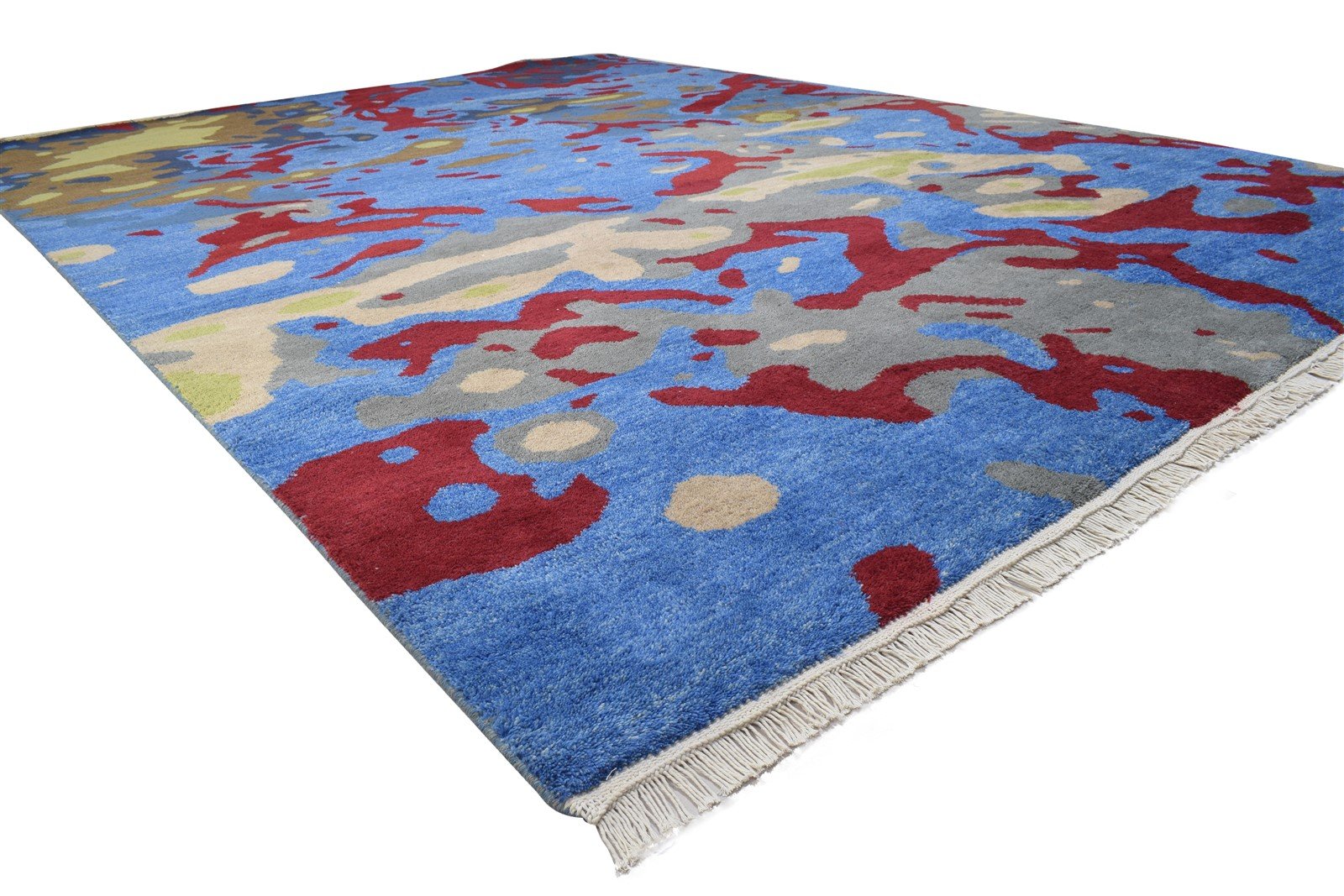 Hand Knotted Blue Wool Rug 9' X 12' Modern Bohemian Abstract Extra Large Carpet 