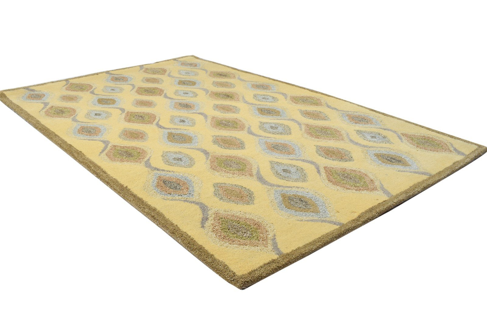 Gold Wool Rug 4' X 5' Modern Hand Tufted Moroccan Diamond Room Size Carpet 