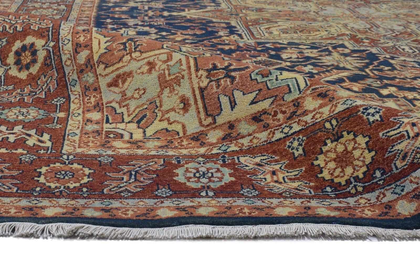 Hand Knotted Blue Wool Rug 8' X 10' Persien Heriz-Indian Oriental Large Carpet 