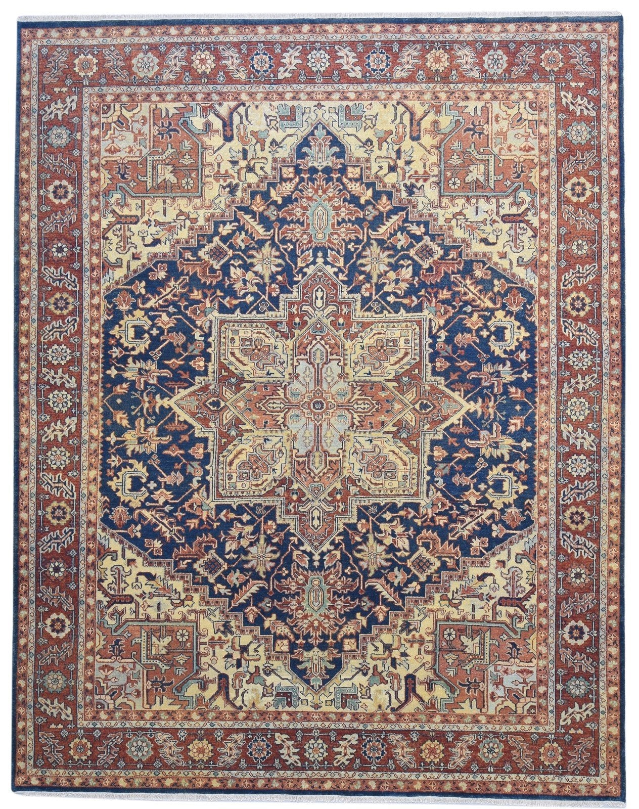 Hand Knotted Blue Wool Rug 8' X 10' Persien Heriz-Indian Oriental Large Carpet 