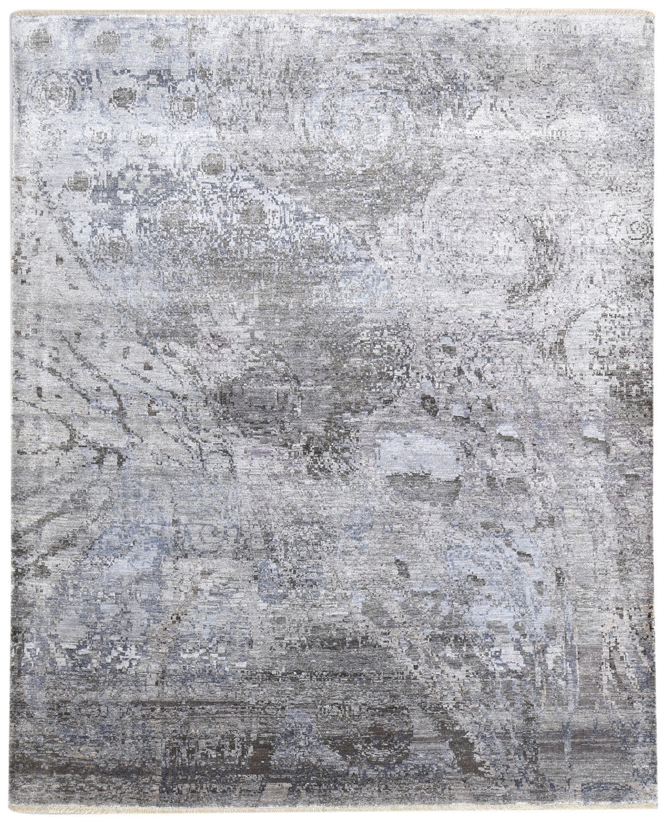 Hand Knotted Grey Silk Rug 8' X 10' Modern Indian Abstract Large Carpet 