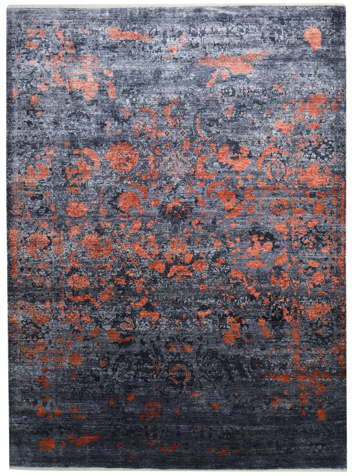 Hand Knotted Charcoal Silk Rug 9' X 12' Modern Indian Abstract Large Carpet 