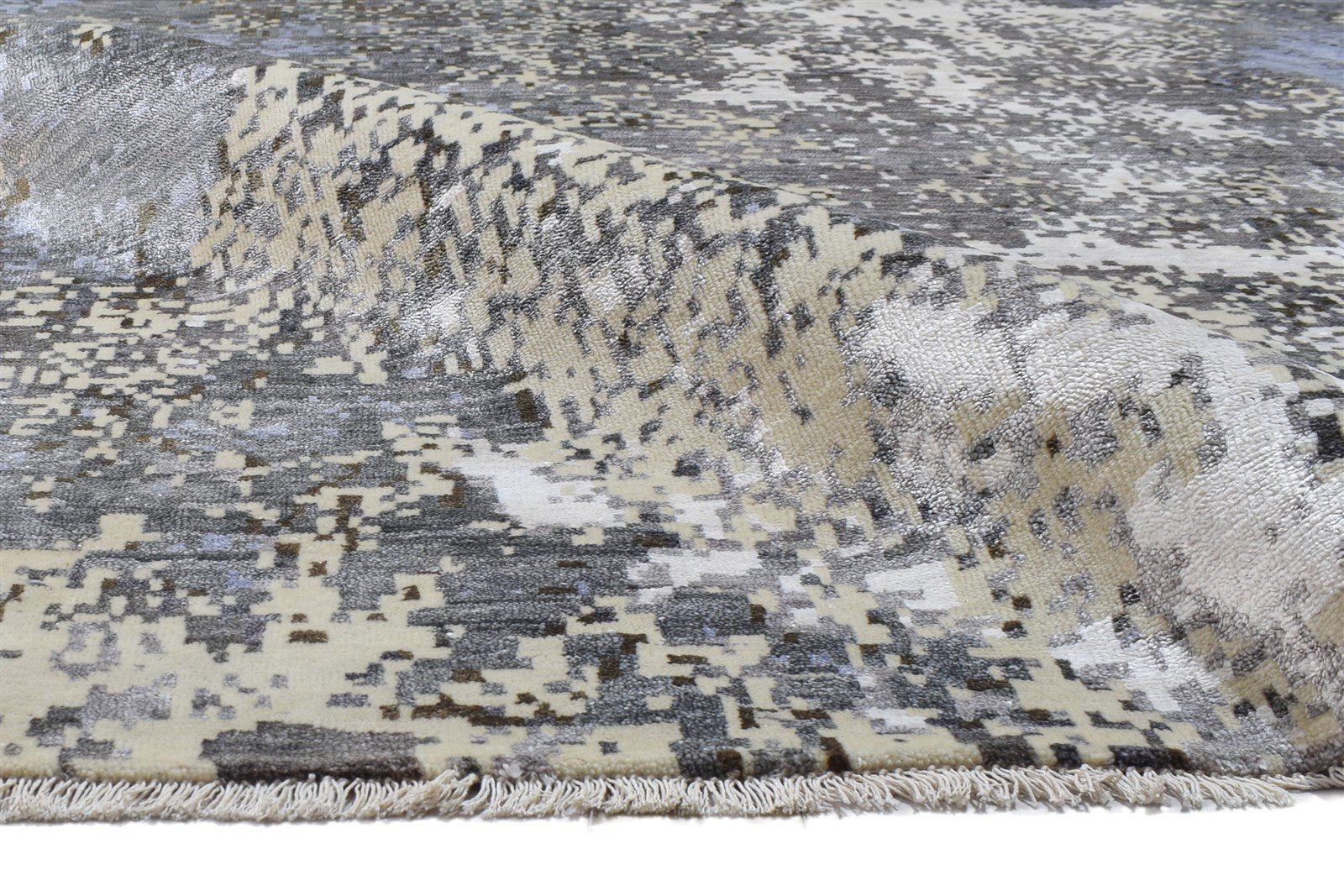 Wool / Silk Grey Rug 8' X 10' Modern Hand Knotted Indian Abstract Large Carpet 