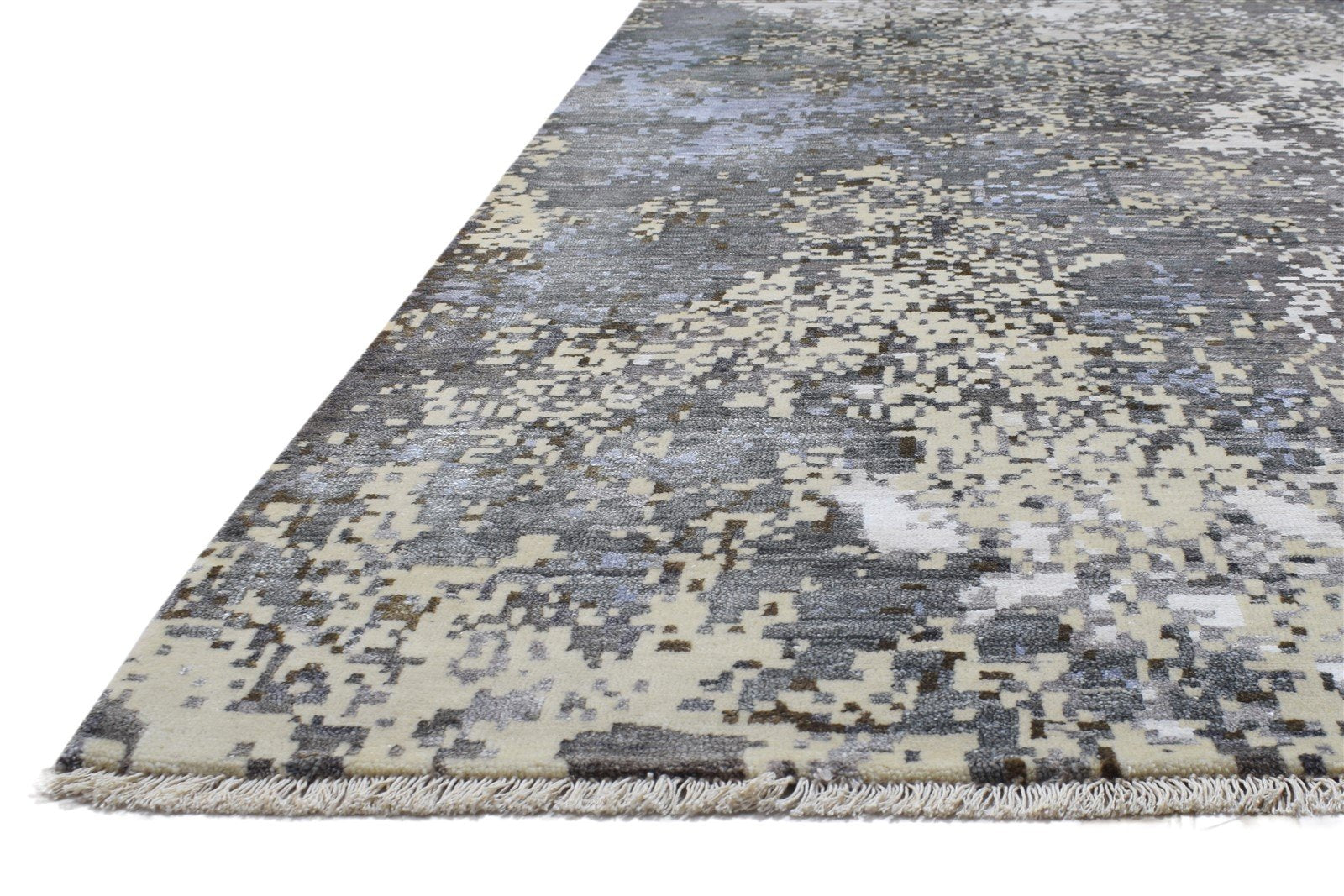 Wool / Silk Grey Rug 8' X 10' Modern Hand Knotted Indian Abstract Large Carpet 