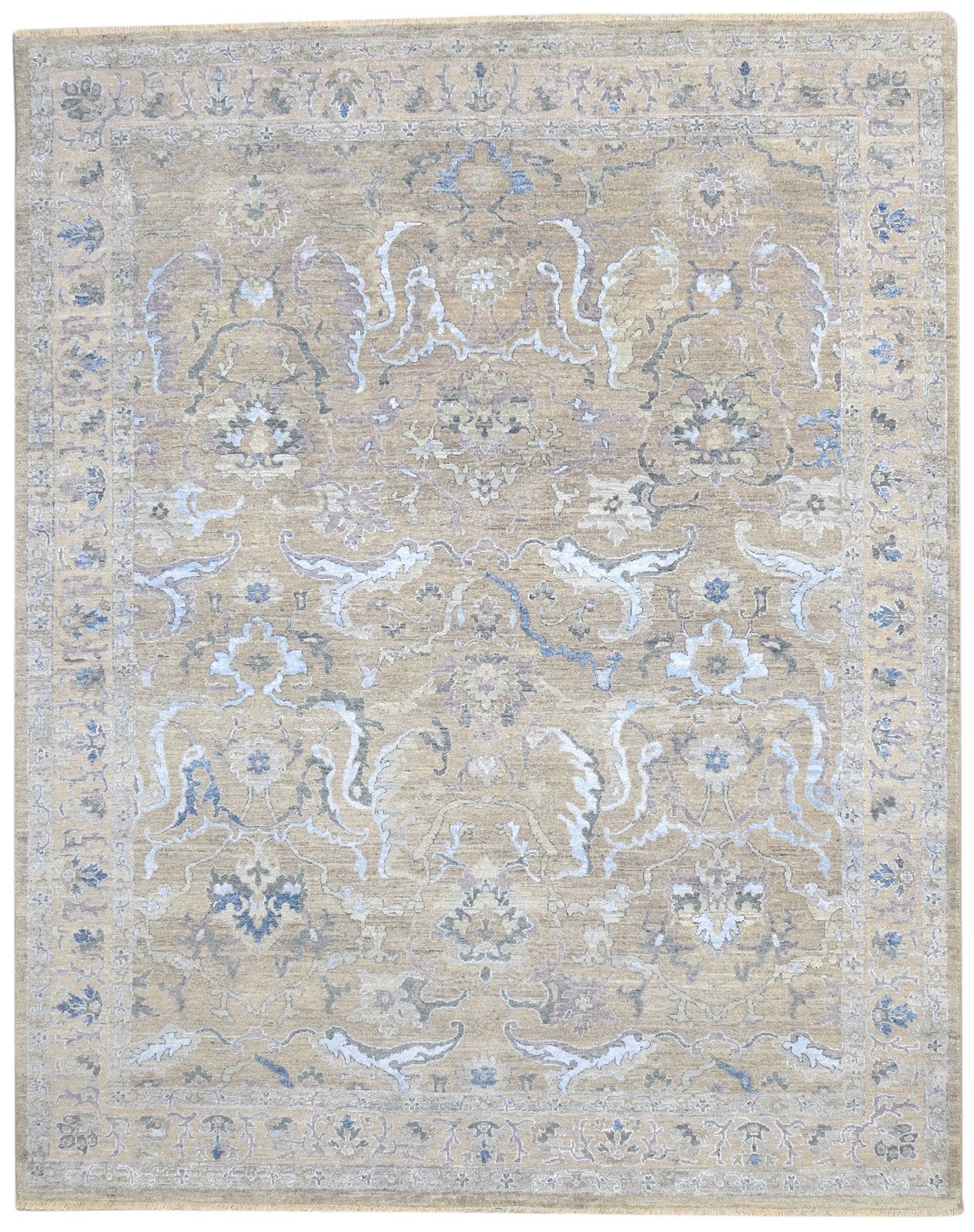 Hand Knotted Beige Wool / Silk Rug 8X10 Persian Oushak Oriental Large Carpet 