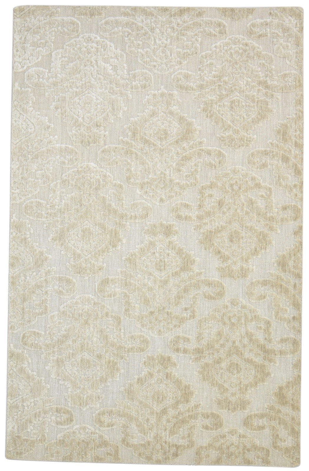 Wool Silk Beige Rug 5X8 Modern Jacquard Loom Scandinavian Damask Room Size 