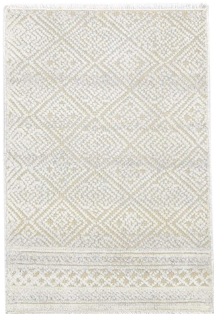 2' X 3' Rug Wool Beige Modern Hand Knotted Scandinavian Geometric Small Carpet 