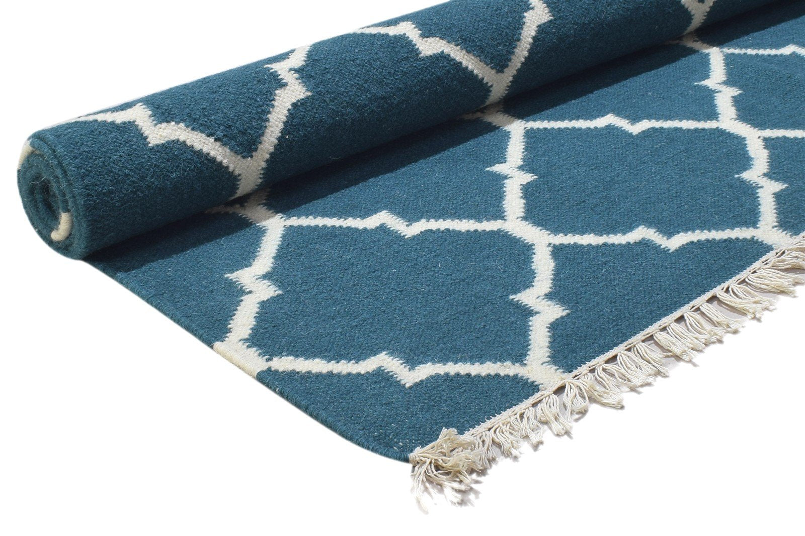 Dhurrie Blue Wool Rug 4' X 7' Modern Moroccan Trellis Room Size Carpet 