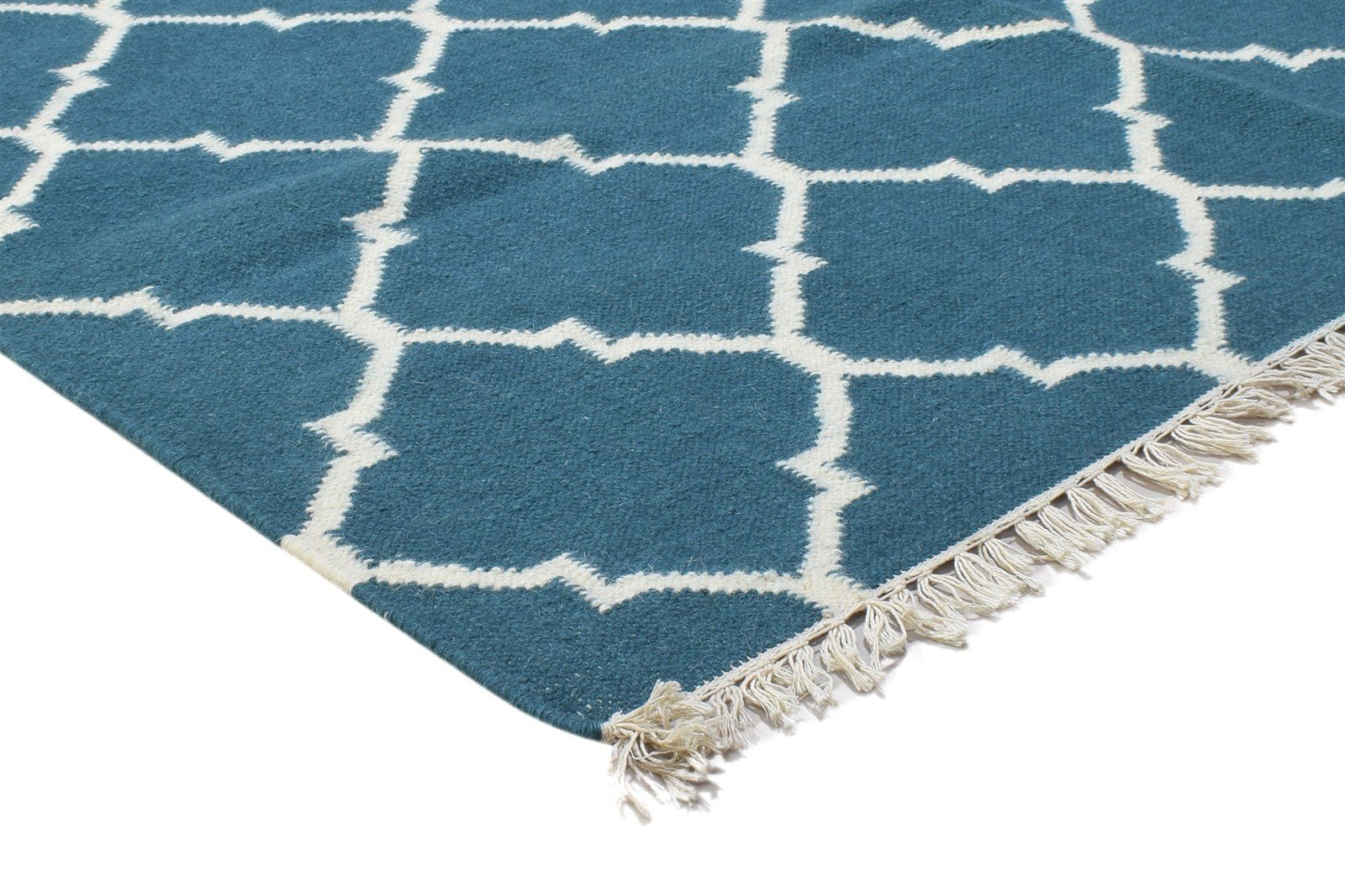 Dhurrie Blue Wool Rug 4' X 7' Modern Moroccan Trellis Room Size Carpet 