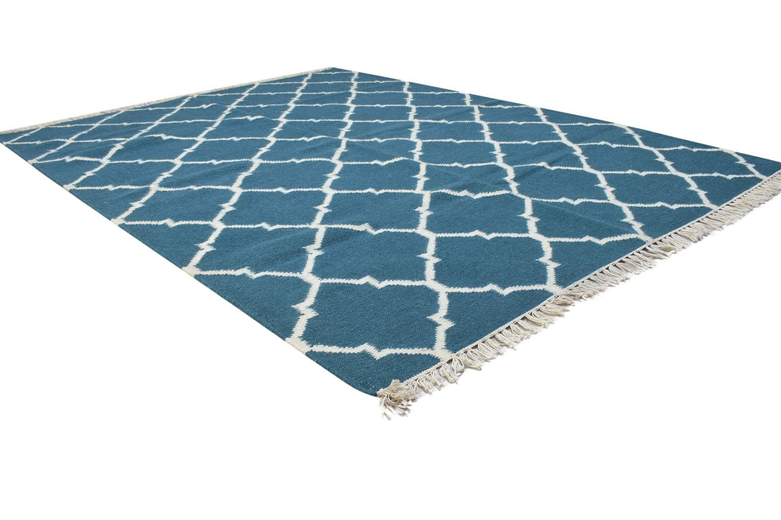 Dhurrie Blue Wool Rug 4' X 7' Modern Moroccan Trellis Room Size Carpet 