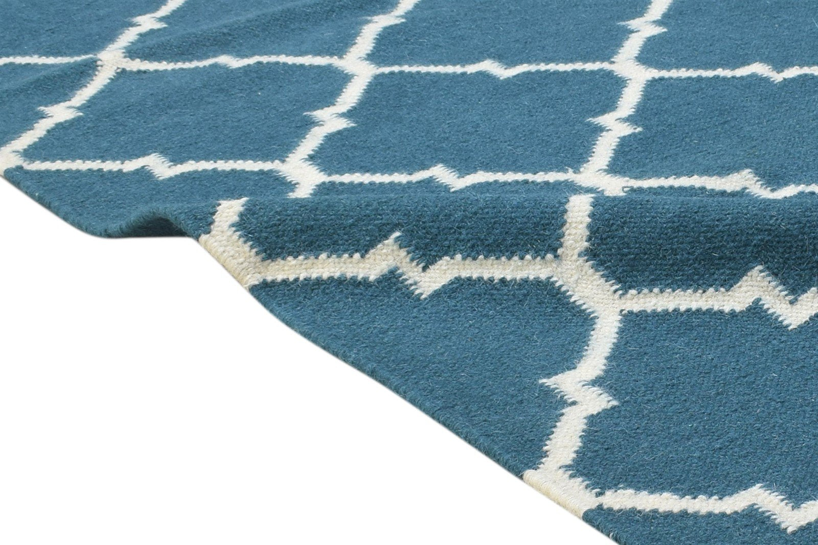 Dhurrie Blue Wool Rug 4' X 7' Modern Moroccan Trellis Room Size Carpet 