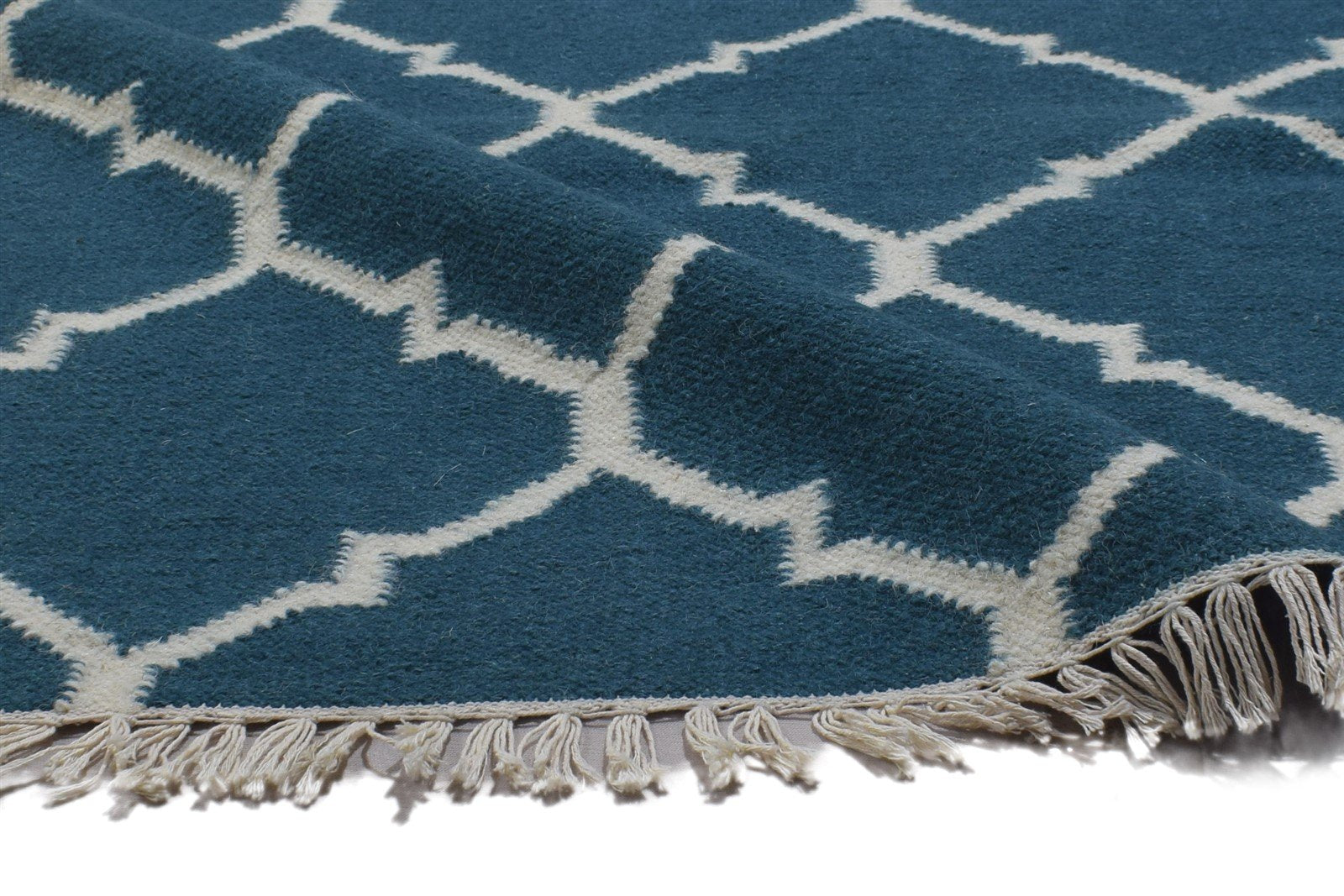 Dhurrie Blue Wool Rug 4' X 7' Modern Moroccan Trellis Room Size Carpet 