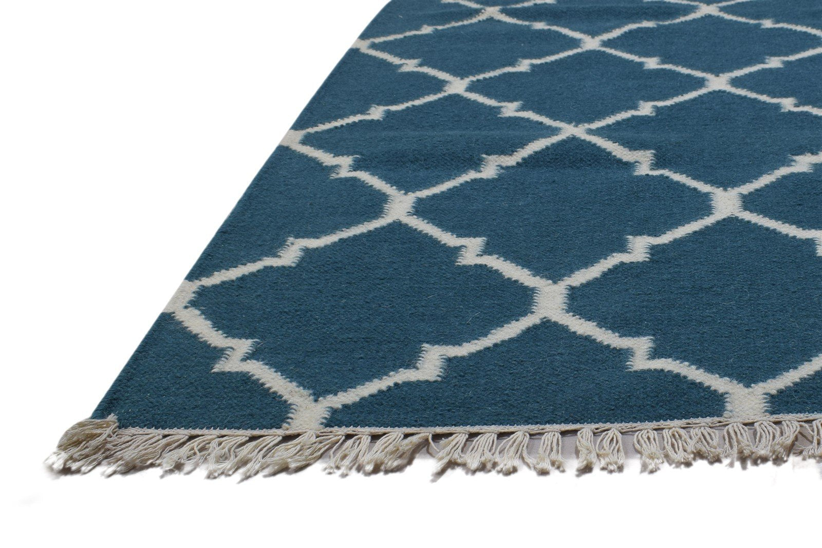 Dhurrie Blue Wool Rug 4' X 7' Modern Moroccan Trellis Room Size Carpet 