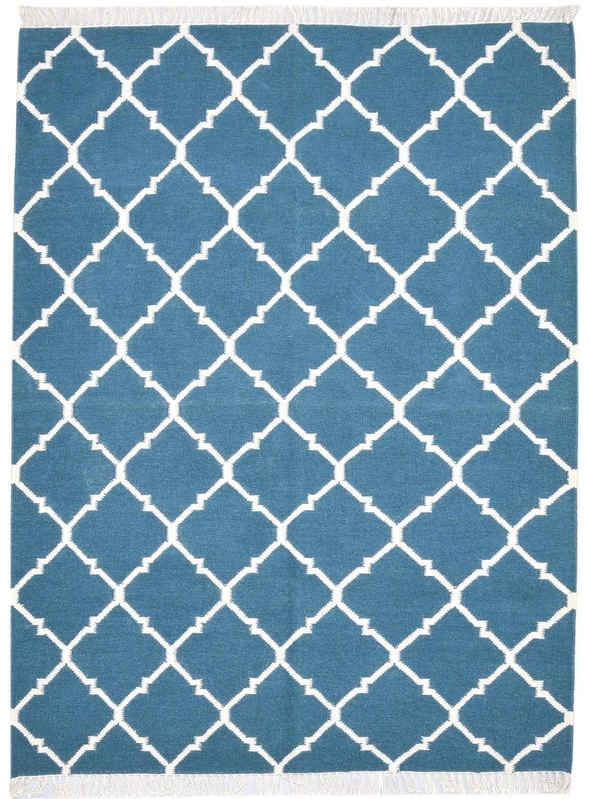 Dhurrie Blue Wool Rug 4' X 7' Modern Moroccan Trellis Room Size Carpet 