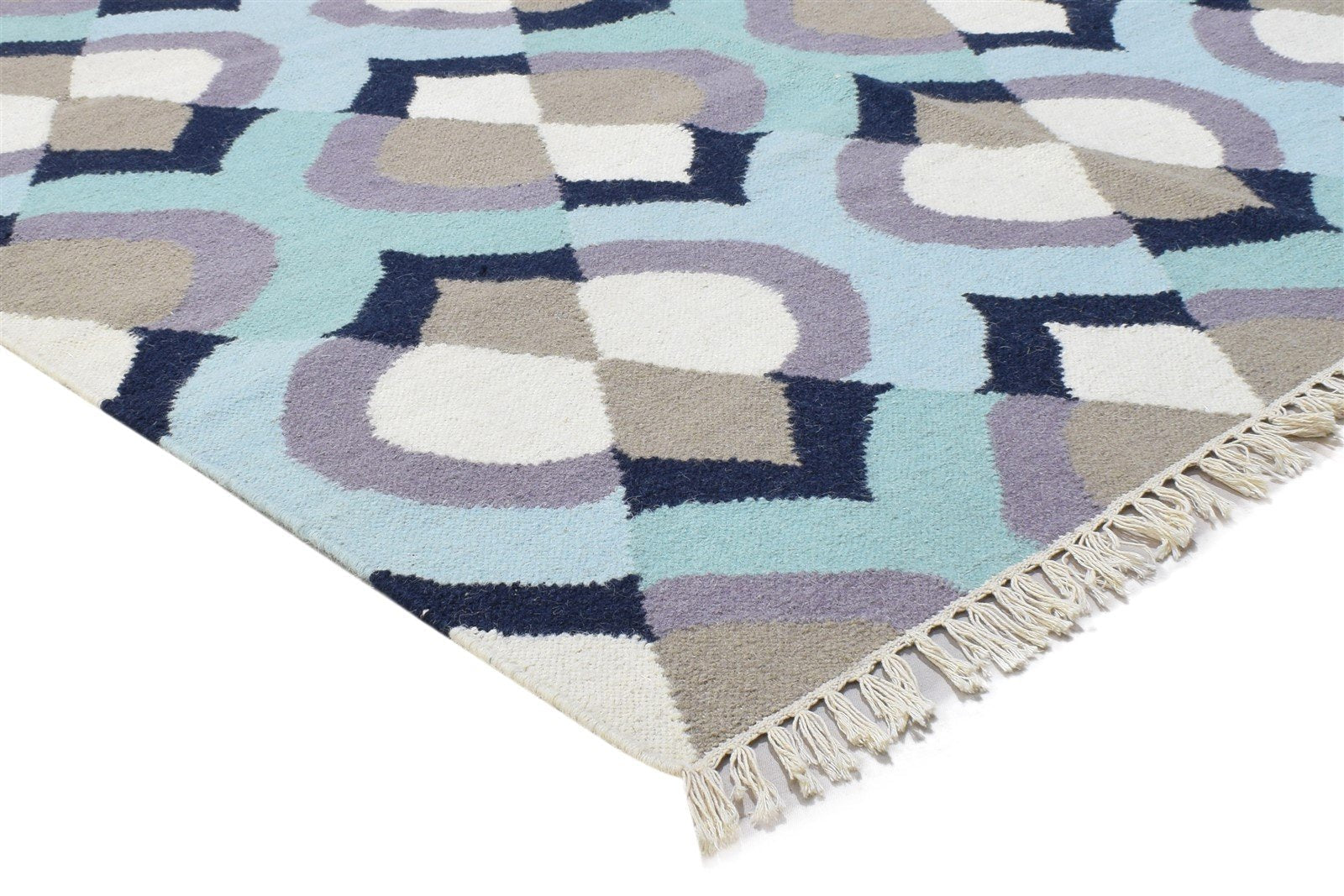 Dhurrie Blue Wool Rug 5' X 7' Modern Scandinavian Damask Room Size Carpet 