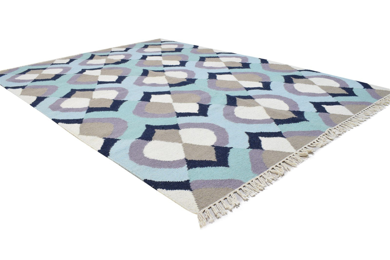 Dhurrie Blue Wool Rug 5' X 7' Modern Scandinavian Damask Room Size Carpet 