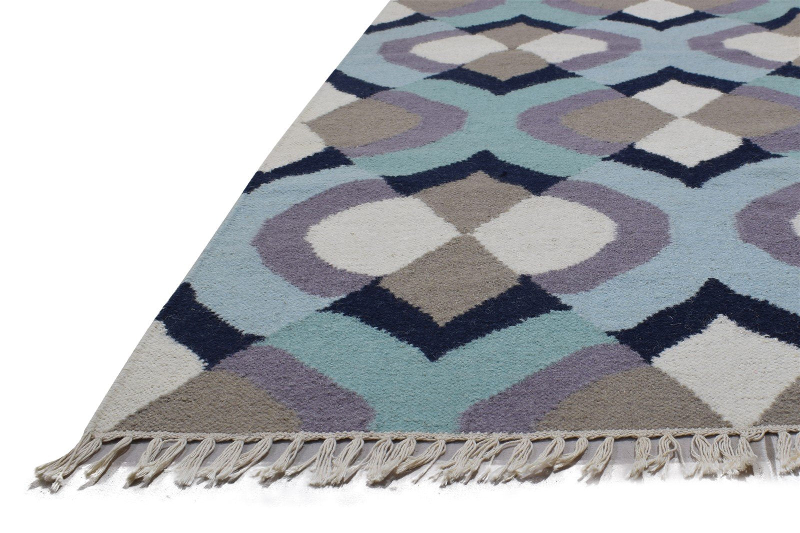 Dhurrie Blue Wool Rug 5' X 7' Modern Scandinavian Damask Room Size Carpet 