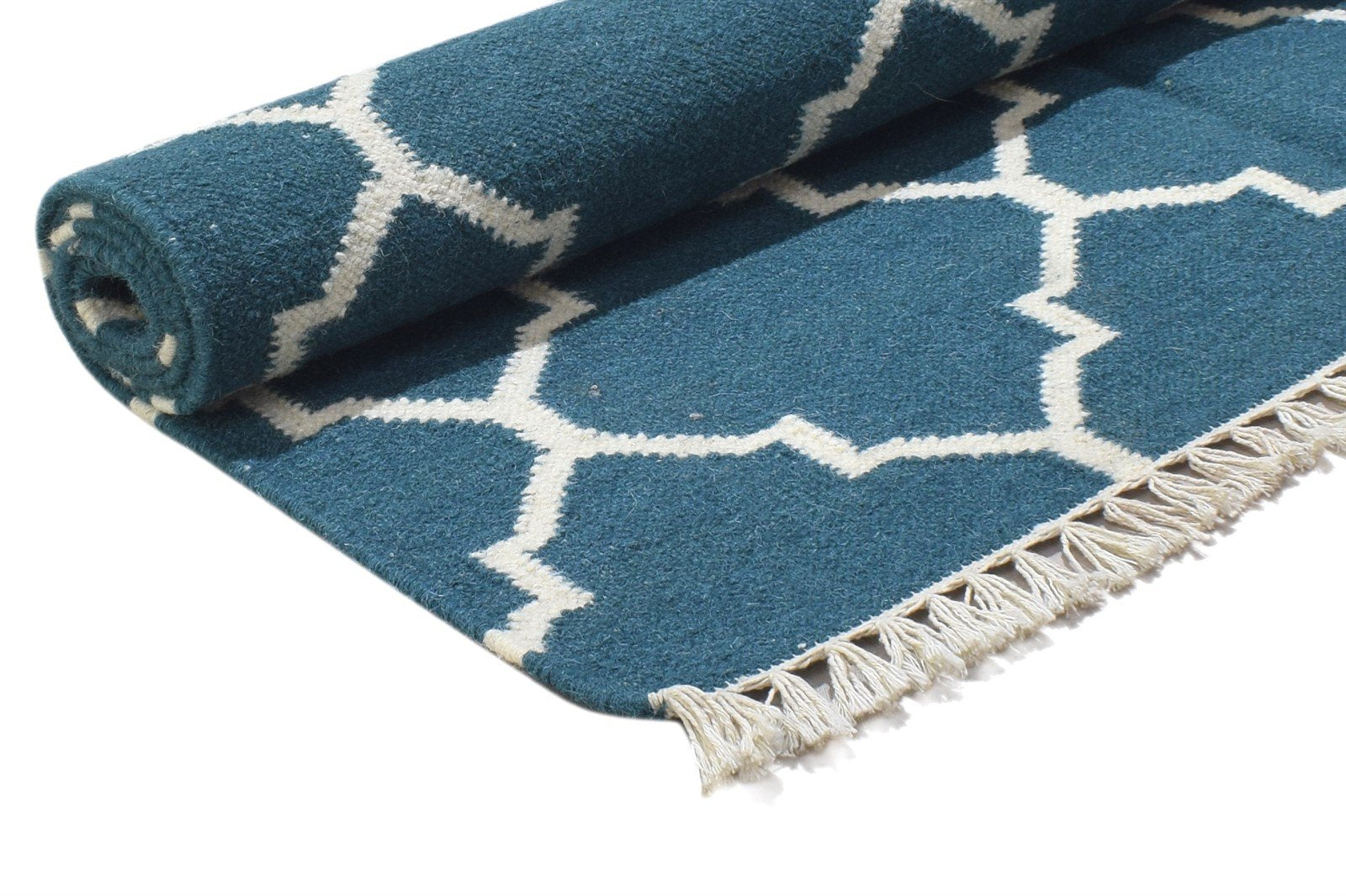 Dhurrie Blue Wool Rug 4' X 6' Modern Moroccan Trellis Room Size Carpet 