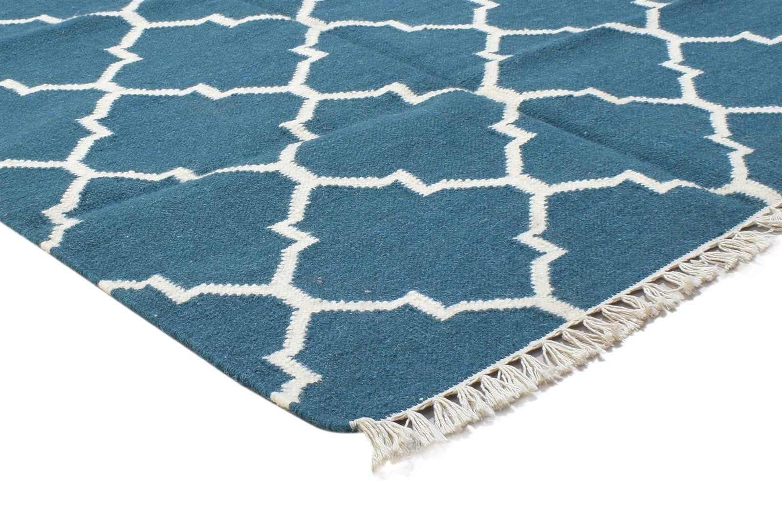 Dhurrie Blue Wool Rug 4' X 6' Modern Moroccan Trellis Room Size Carpet 