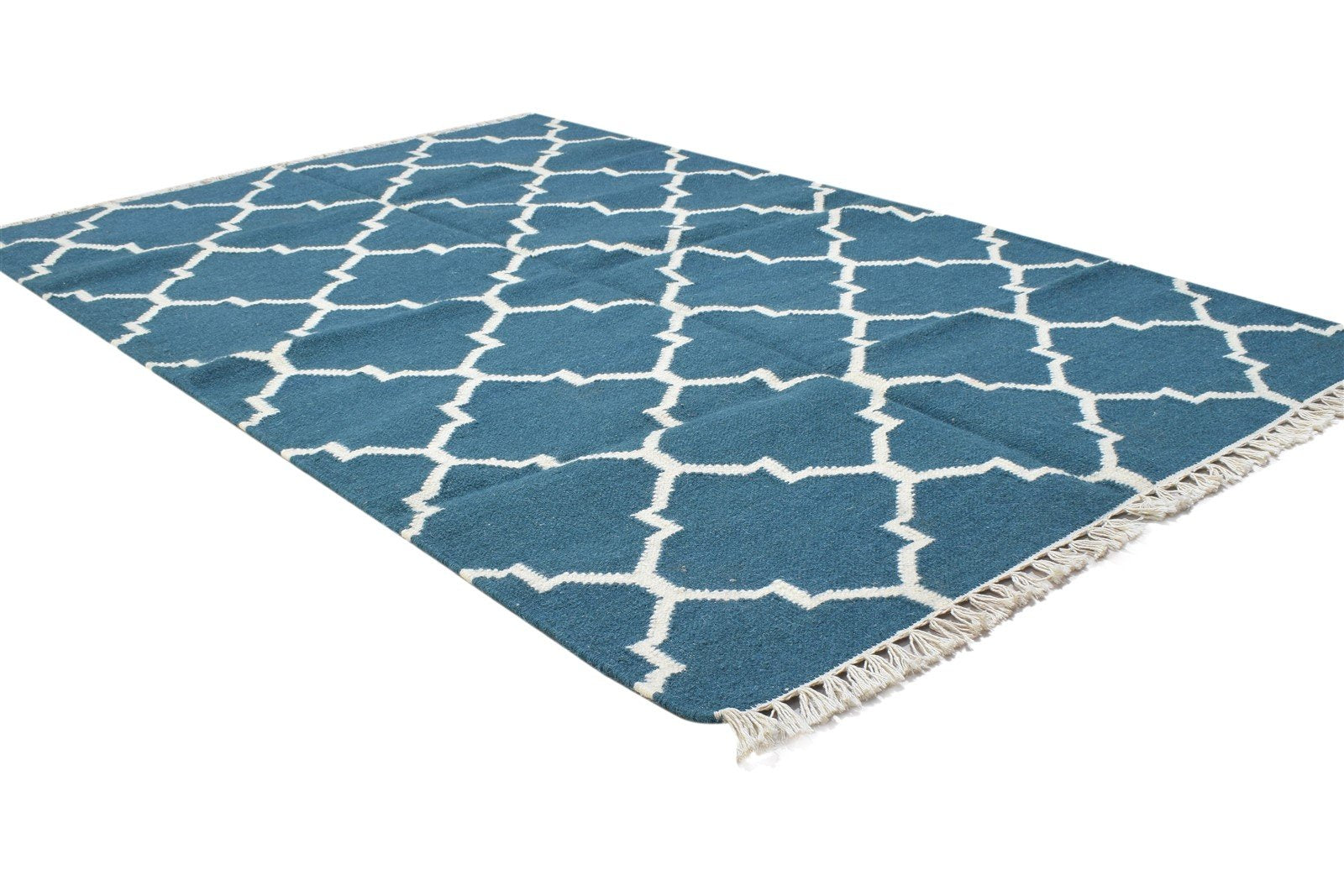 Dhurrie Blue Wool Rug 4' X 6' Modern Moroccan Trellis Room Size Carpet 