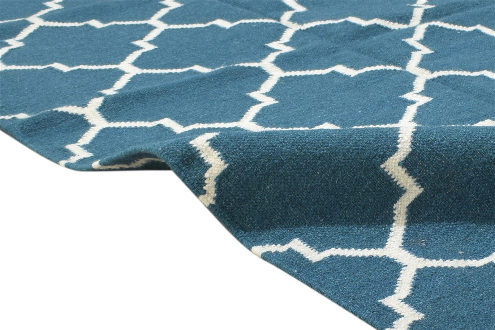 Dhurrie Blue Wool Rug 4' X 6' Modern Moroccan Trellis Room Size Carpet 