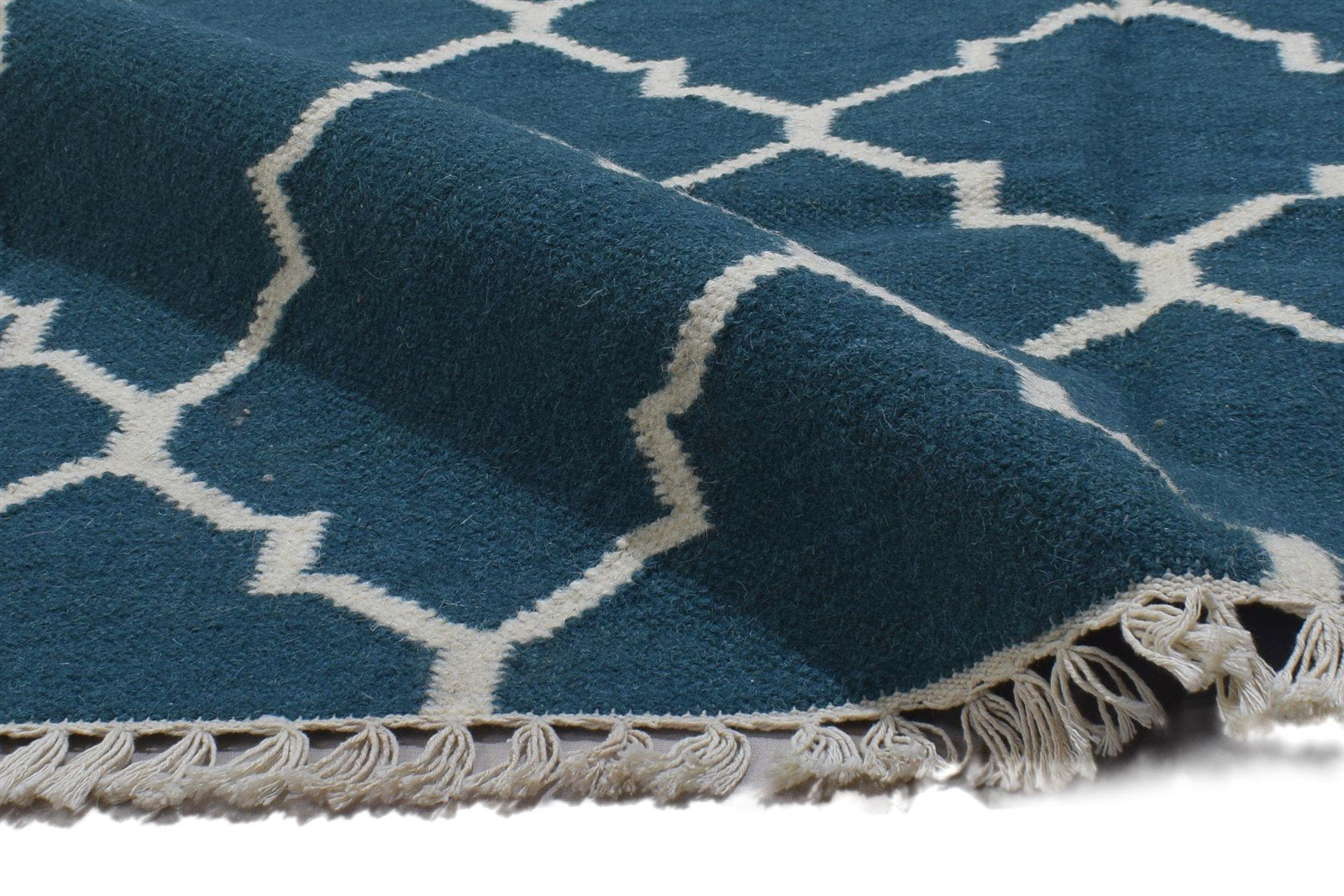 Dhurrie Blue Wool Rug 4' X 6' Modern Moroccan Trellis Room Size Carpet 