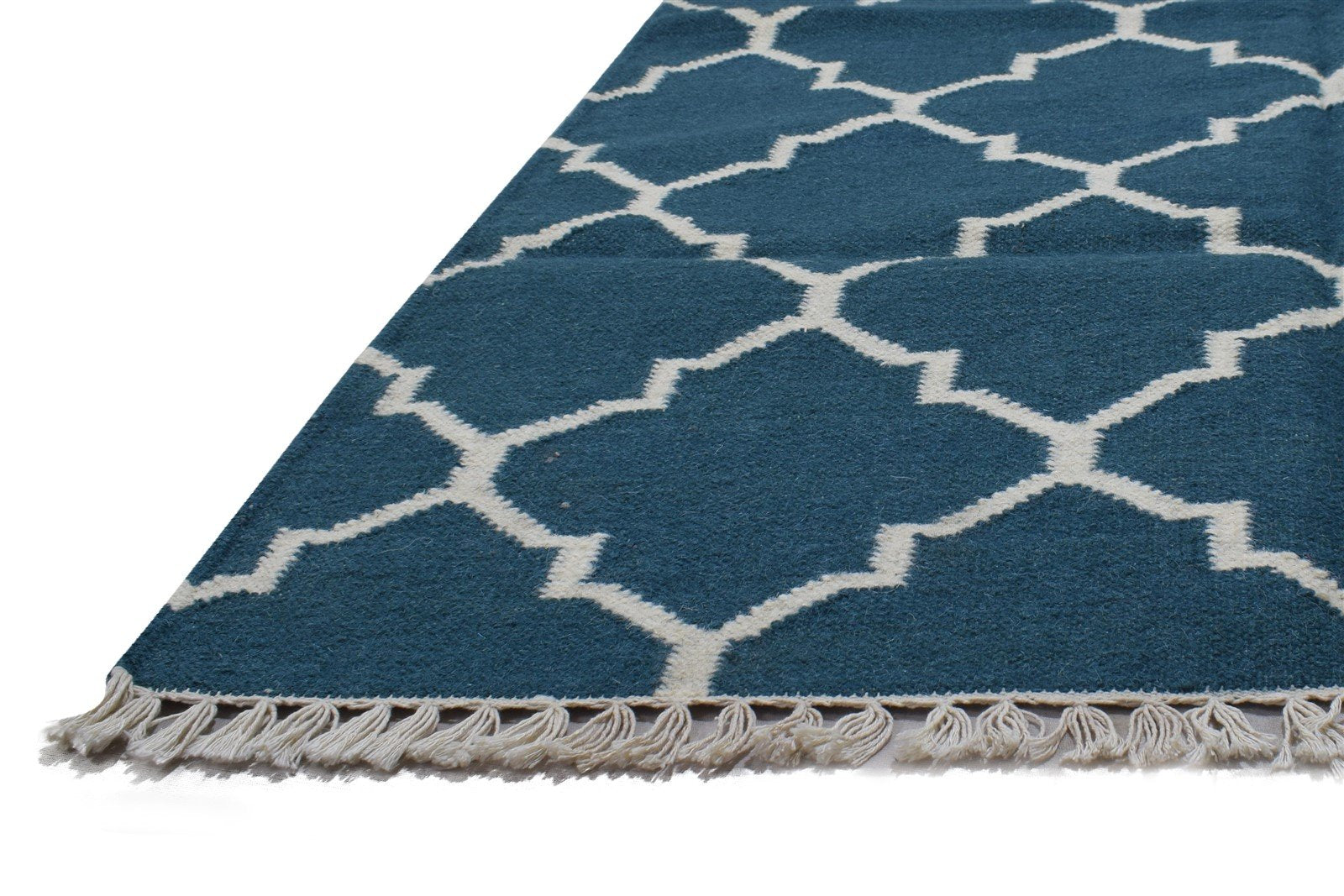 Dhurrie Blue Wool Rug 4' X 6' Modern Moroccan Trellis Room Size Carpet 