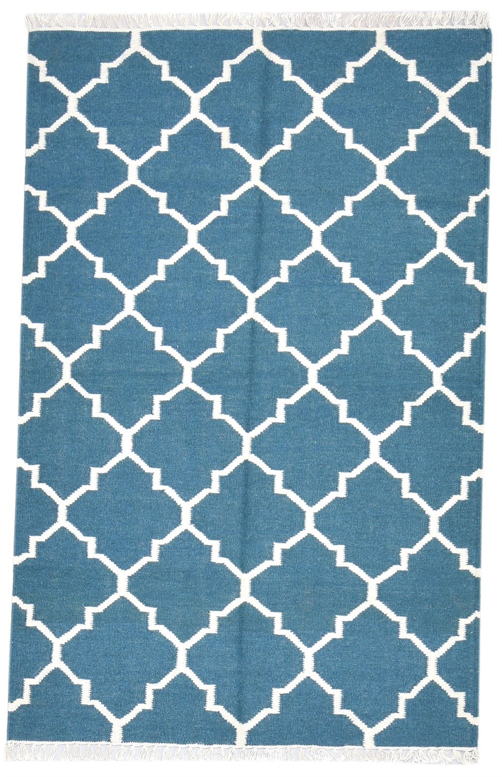 Dhurrie Blue Wool Rug 4' X 6' Modern Moroccan Trellis Room Size Carpet 