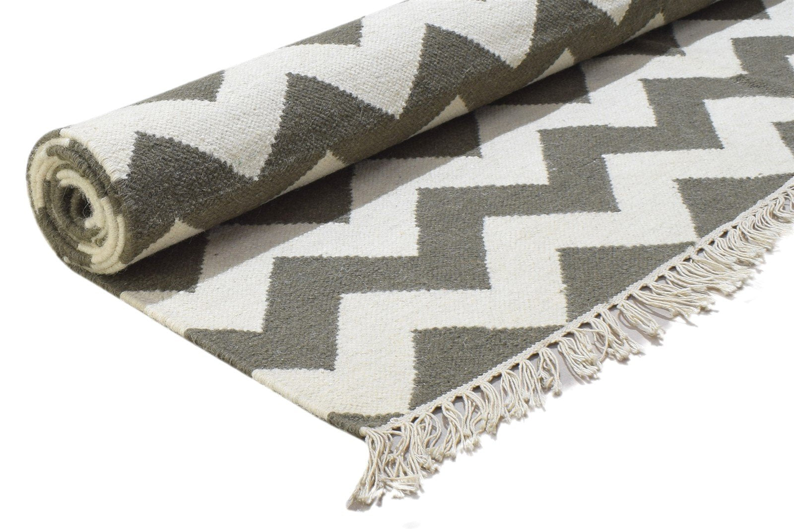 Dhurrie Grey Wool Rug 5' X 8' Modern Scandinavian Chevron Room Size Carpet 