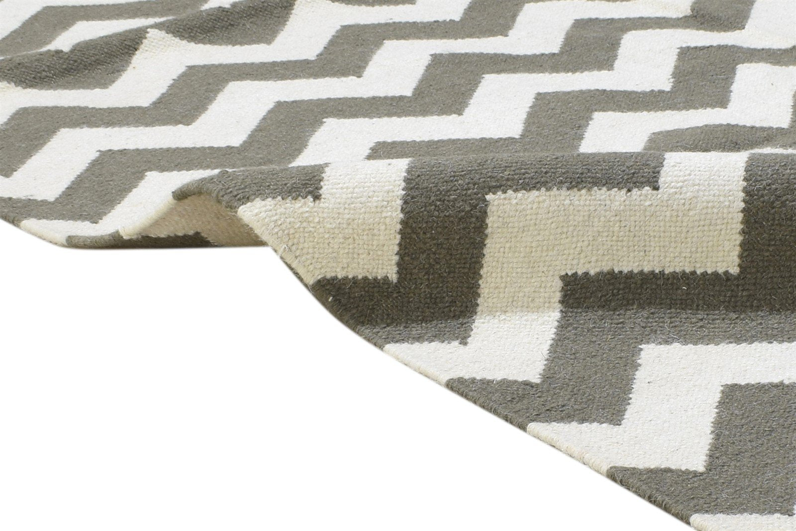 Dhurrie Grey Wool Rug 5' X 8' Modern Scandinavian Chevron Room Size Carpet 