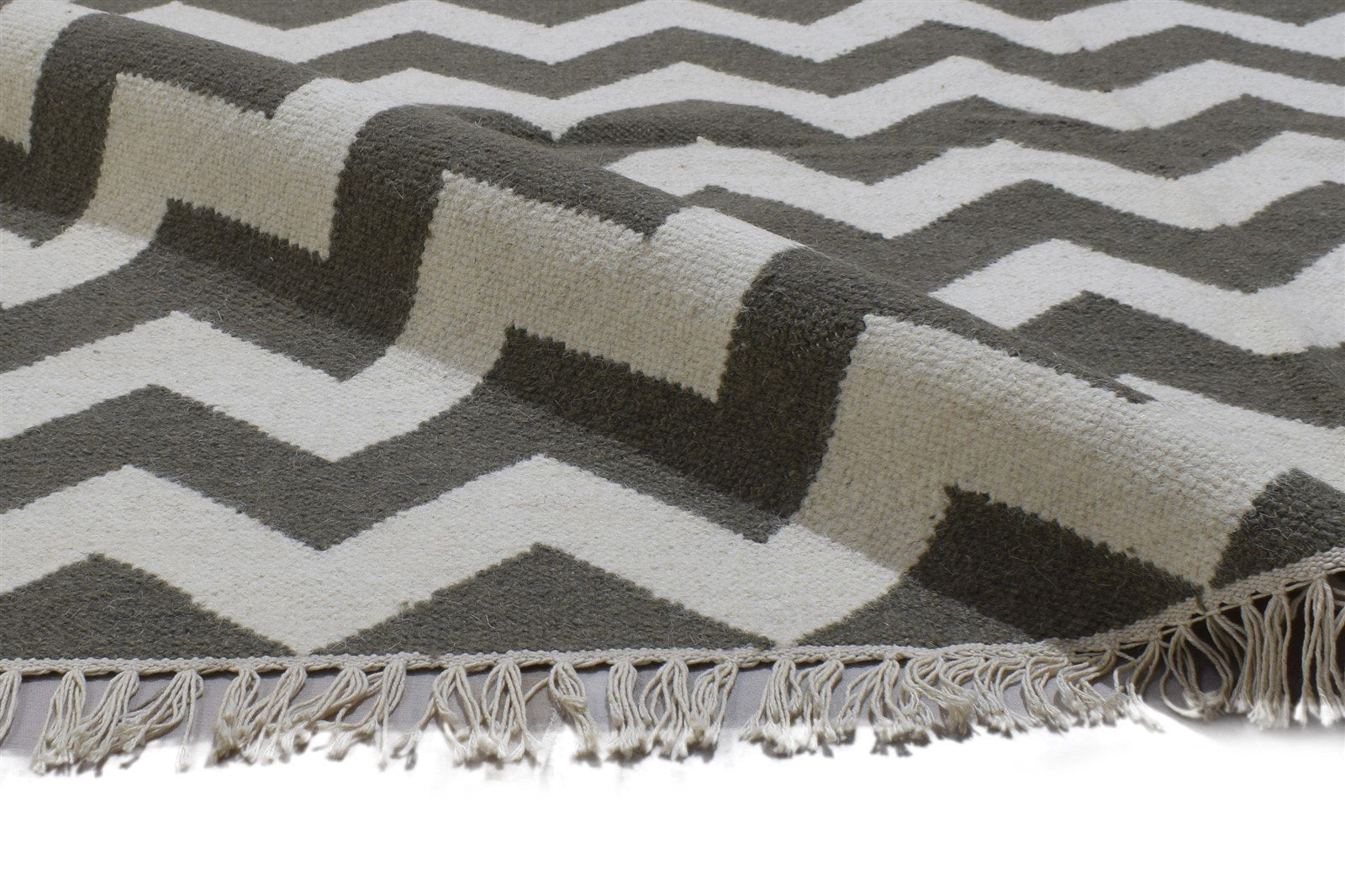 Dhurrie Grey Wool Rug 5' X 8' Modern Scandinavian Chevron Room Size Carpet 