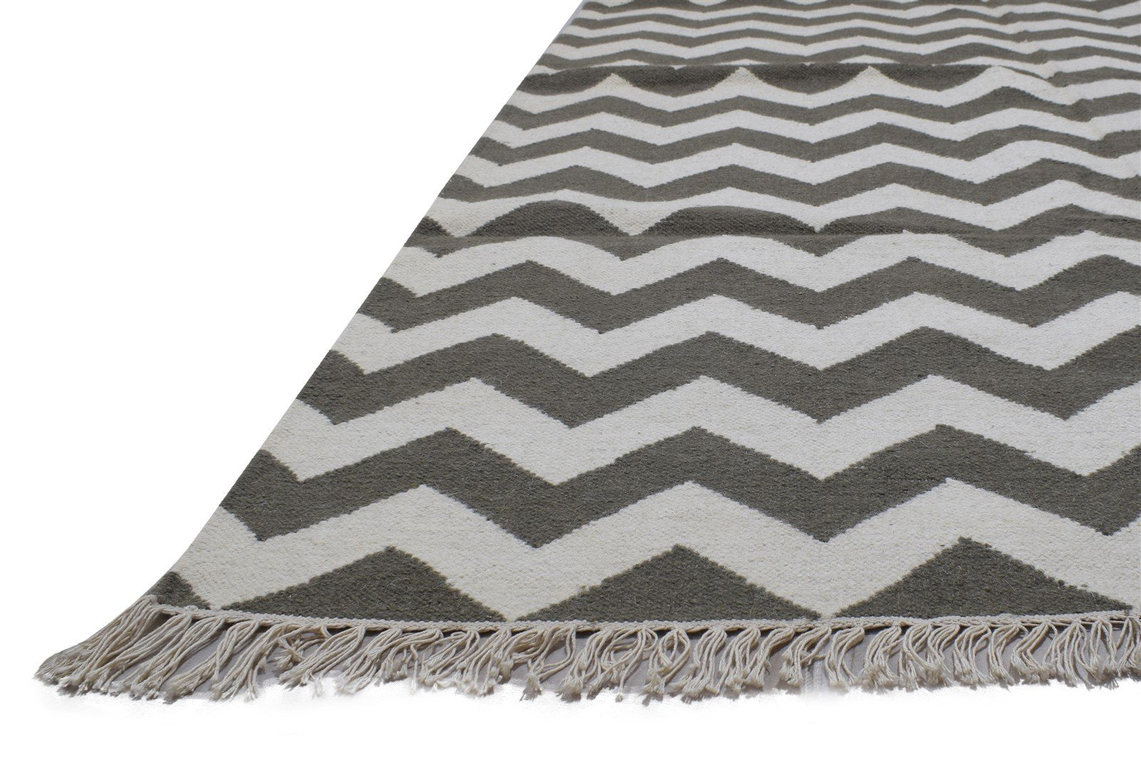 Dhurrie Grey Wool Rug 5' X 8' Modern Scandinavian Chevron Room Size Carpet 