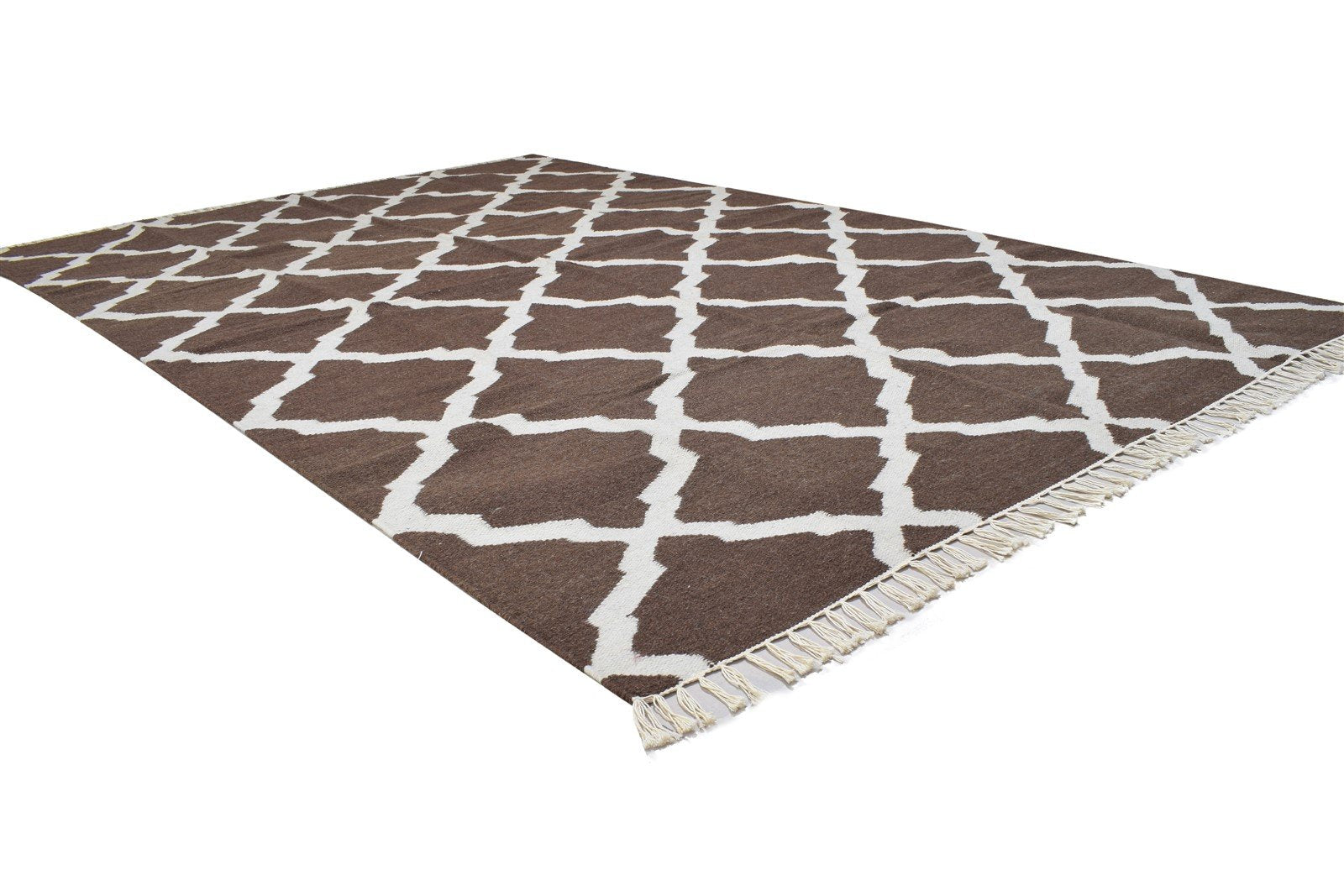 Dhurrie Brown Wool Rug 6' X 9' Modern Moroccan Trellis Room Size Carpet 