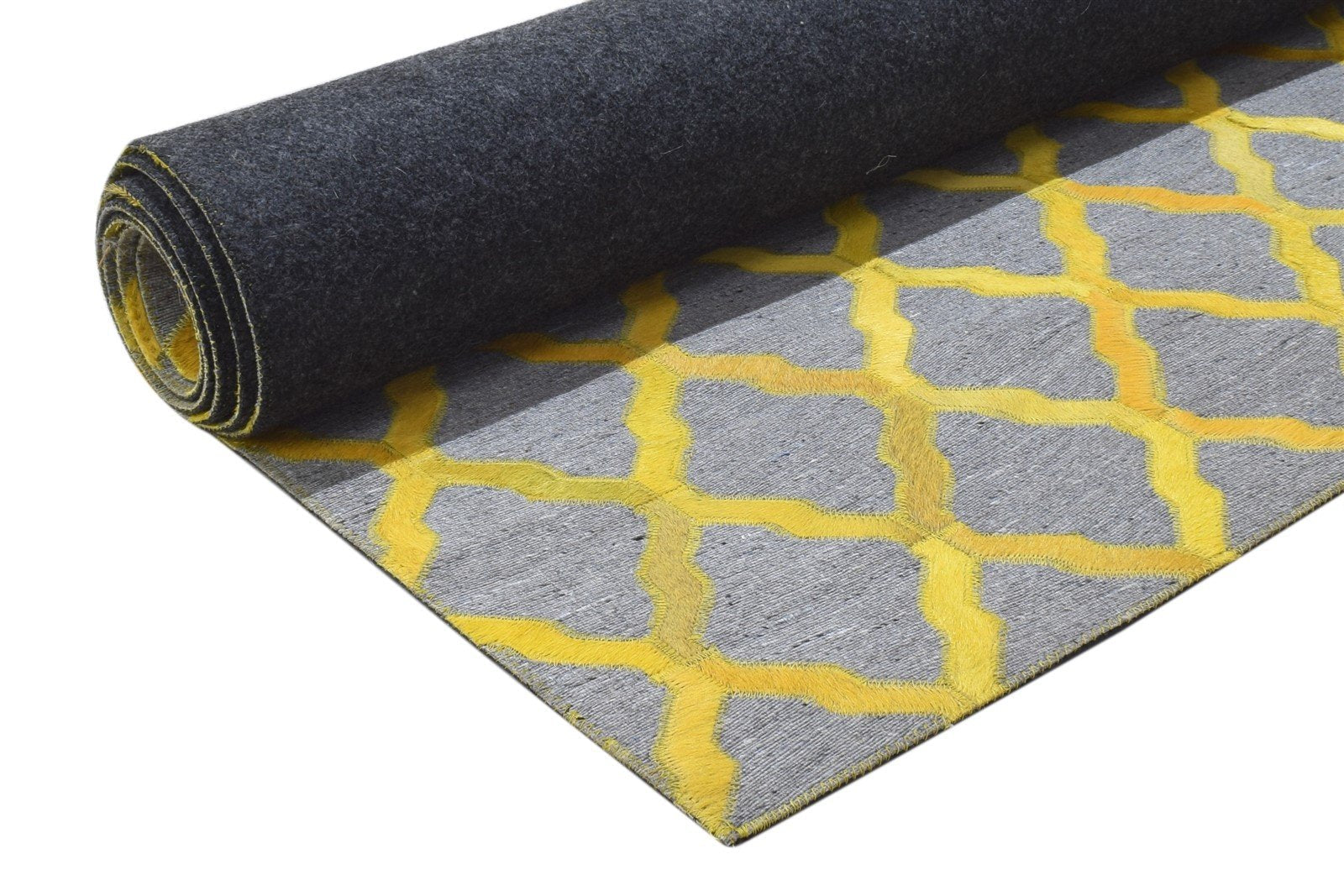 Leather / Cotton Yellow Rug 3X9 Modern Hand Woven Moroccan Trellis Small Carpet 