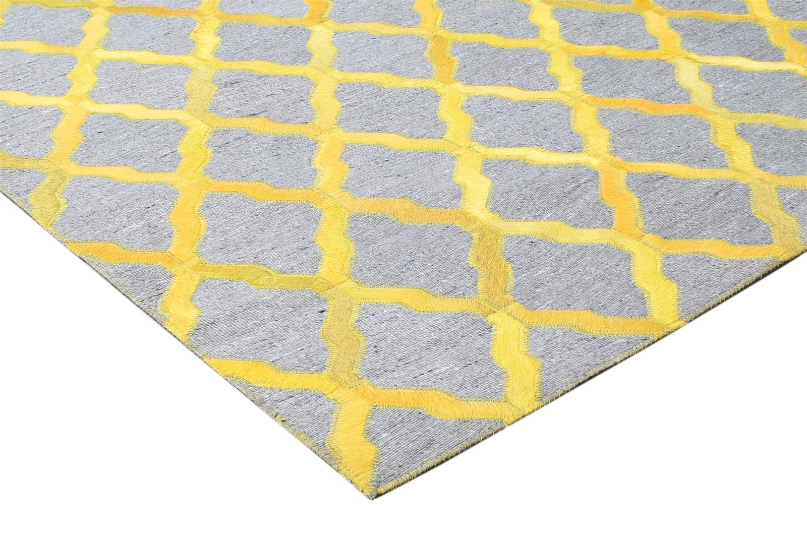 Leather / Cotton Yellow Rug 3X9 Modern Hand Woven Moroccan Trellis Small Carpet 