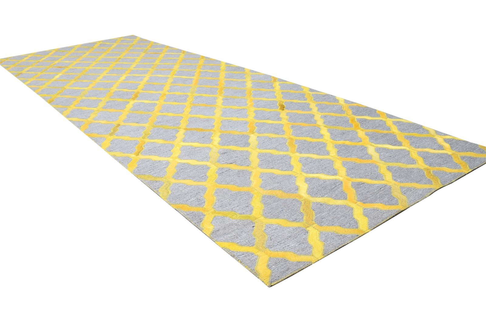 Leather / Cotton Yellow Rug 3X9 Modern Hand Woven Moroccan Trellis Small Carpet 