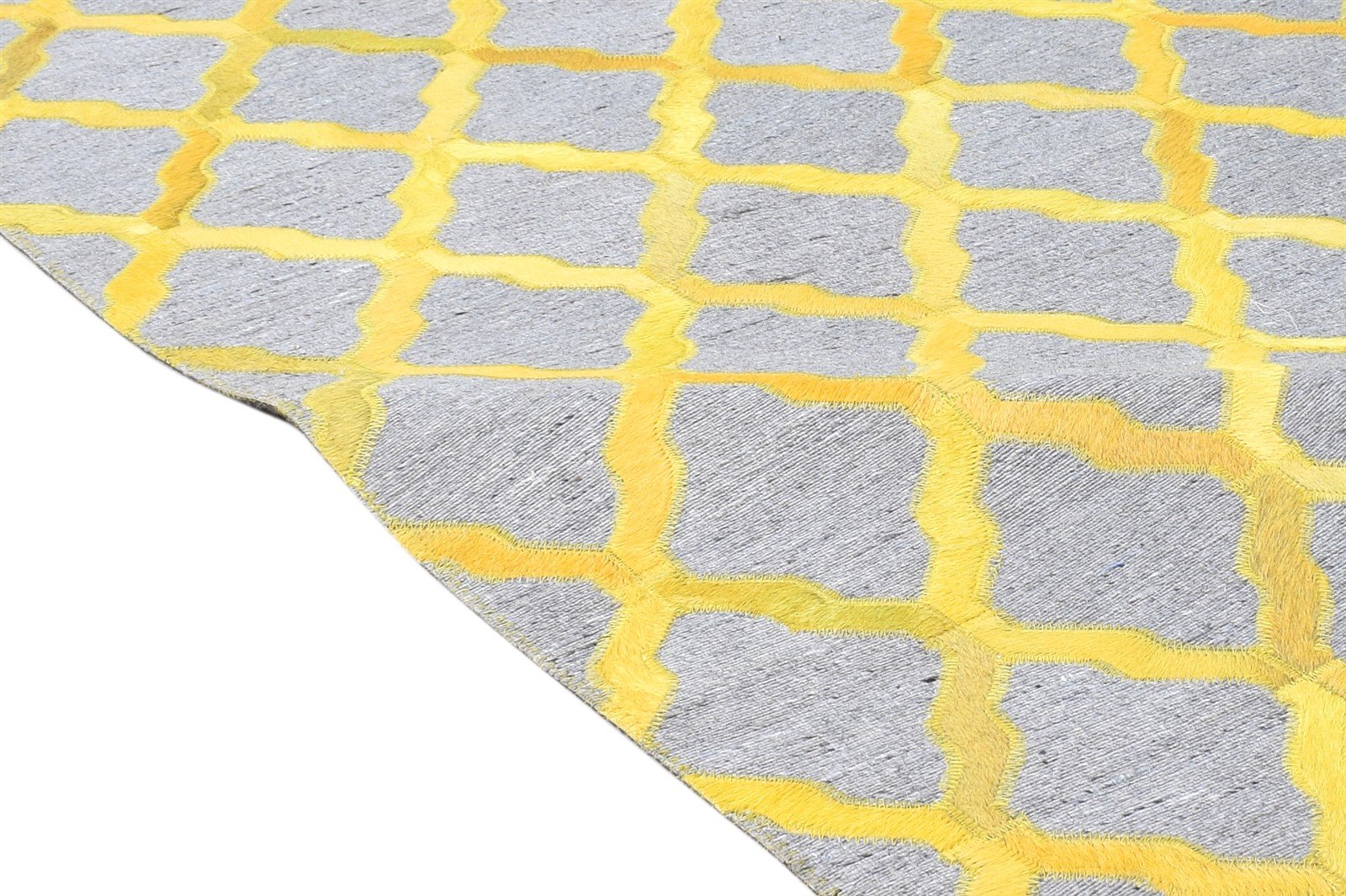 Leather / Cotton Yellow Rug 3X9 Modern Hand Woven Moroccan Trellis Small Carpet 