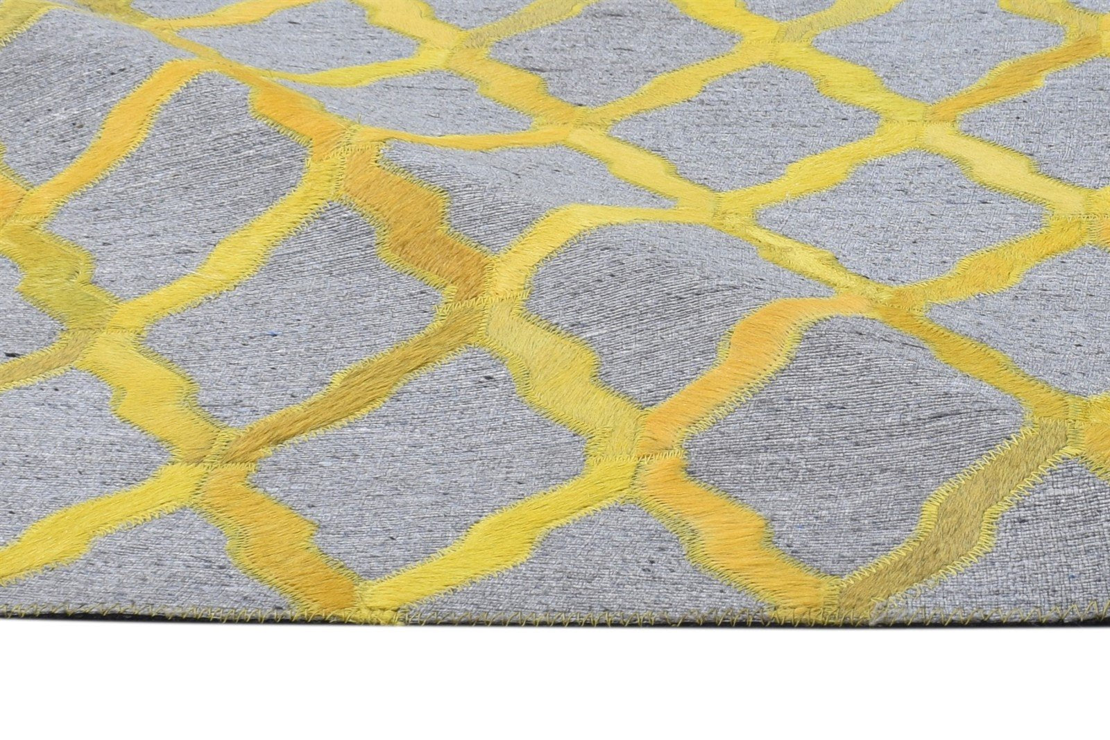 Leather / Cotton Yellow Rug 3X9 Modern Hand Woven Moroccan Trellis Small Carpet 