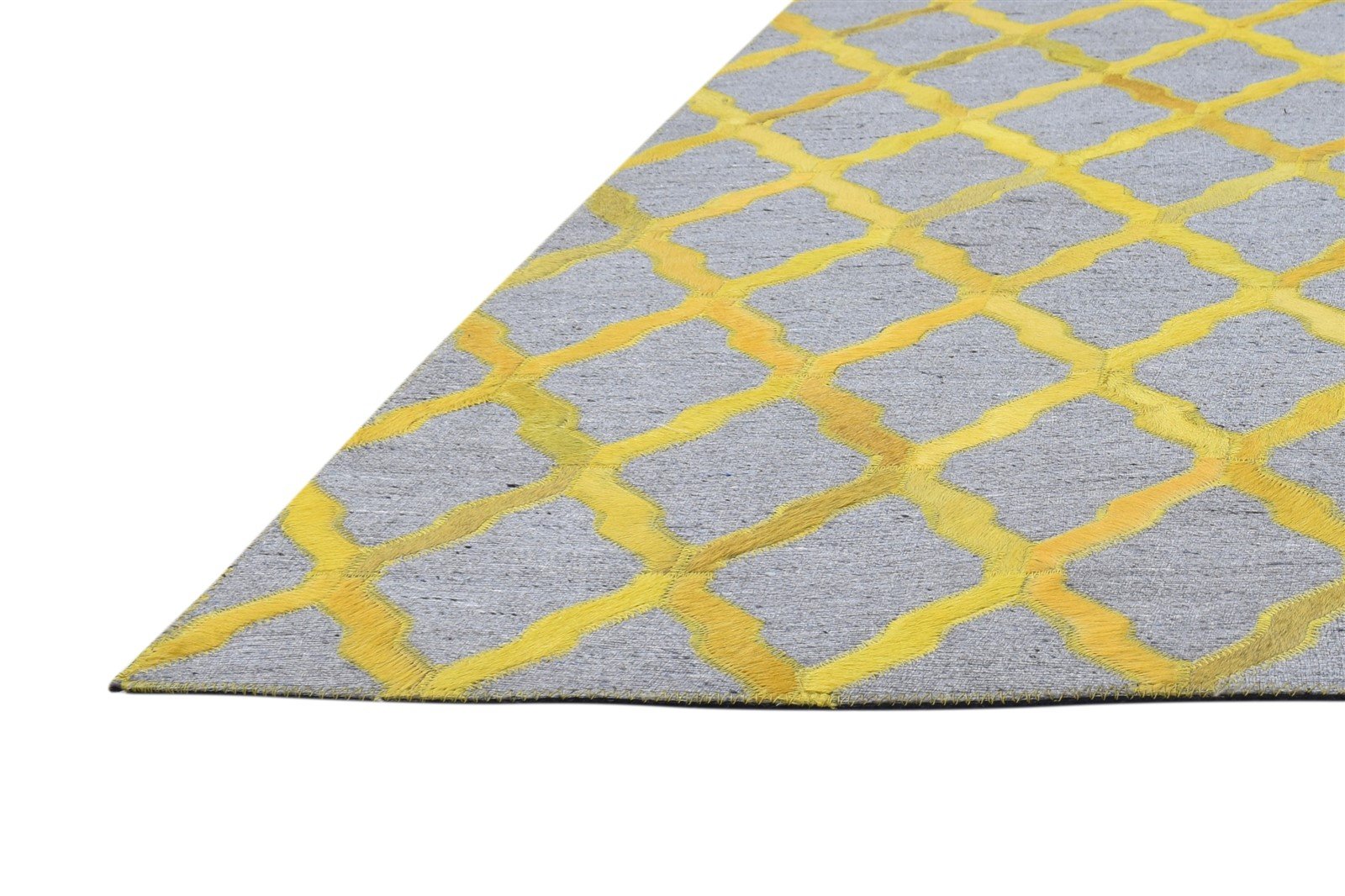 Leather / Cotton Yellow Rug 3X9 Modern Hand Woven Moroccan Trellis Small Carpet 